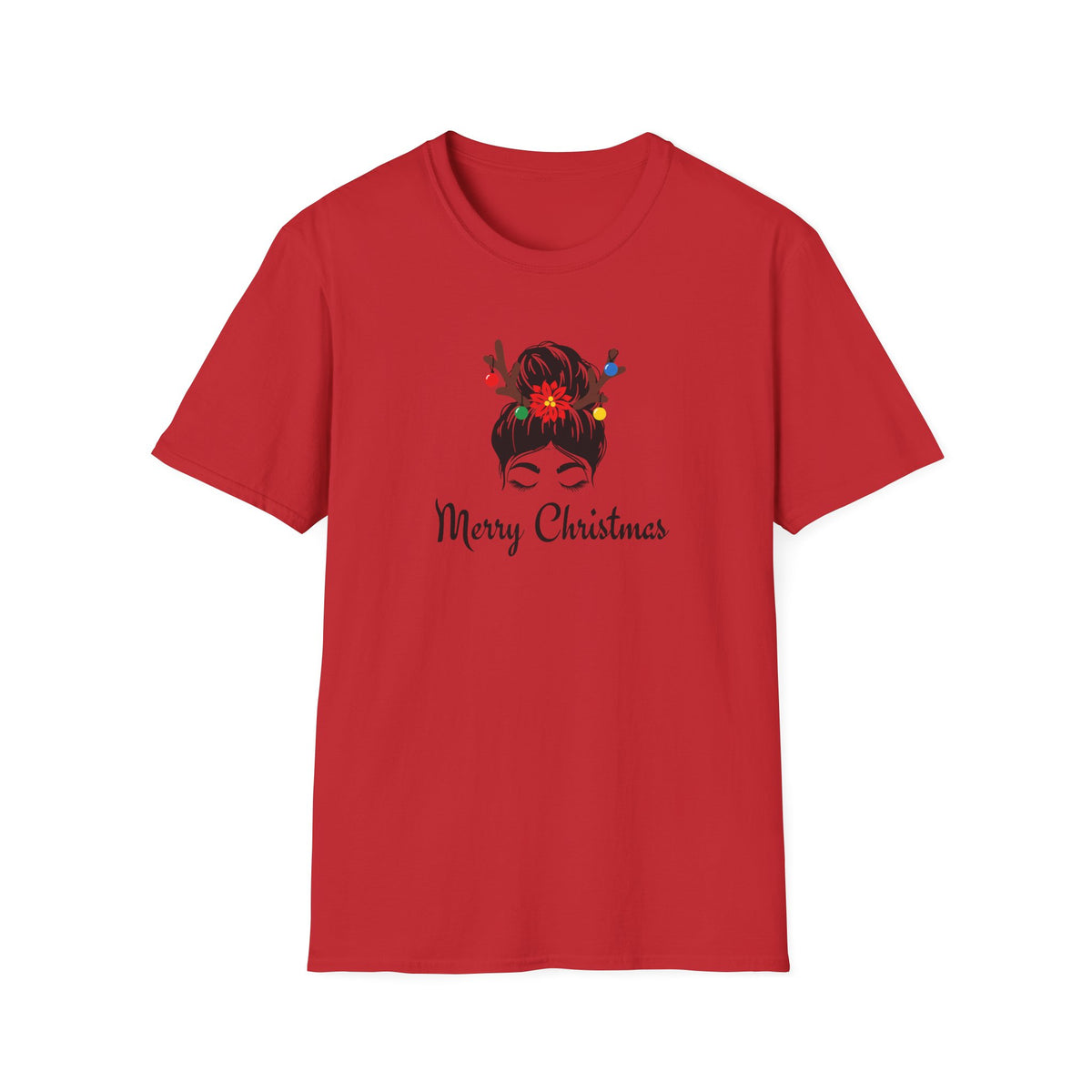 Merry Christmas Messy Bun T-Shirt — Holiday Reindeer Antler Hair Tees