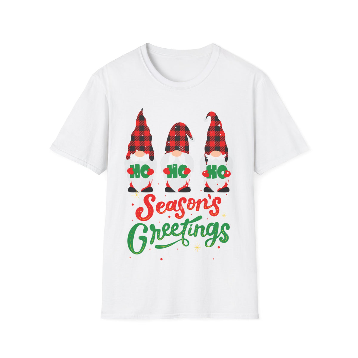 Christmas Gnome T-Shirt — Plaid ‘Ho Ho Ho’ Seasons Greetings Holiday Tee