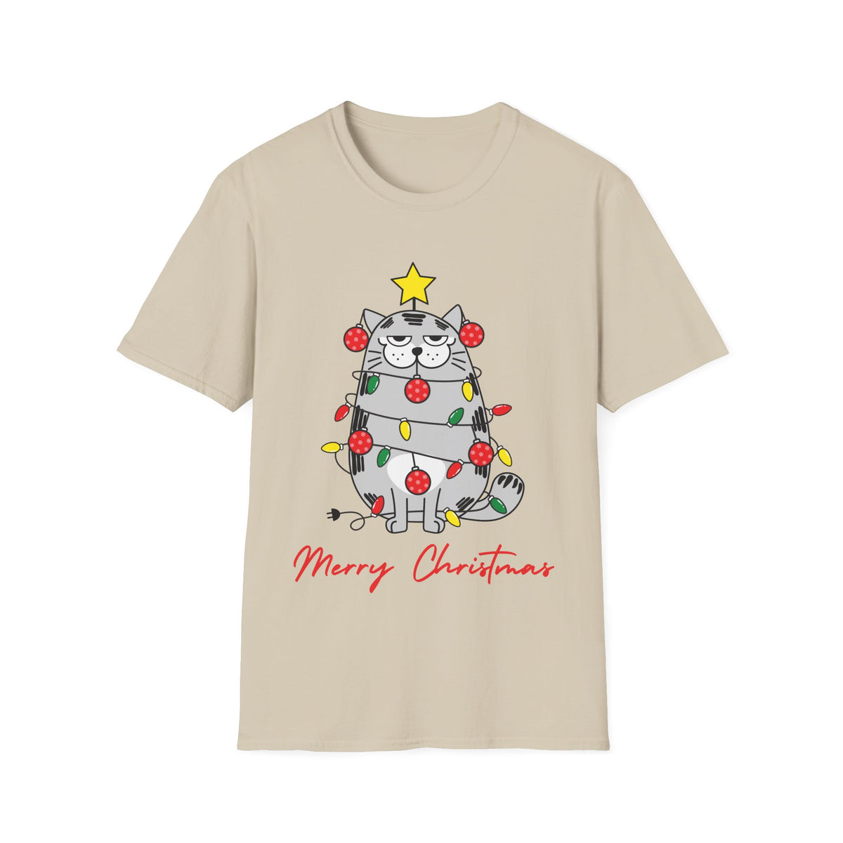 Christmas Cat T-Shirt — "Merry Christmas" Cute Holiday Cat with Lights