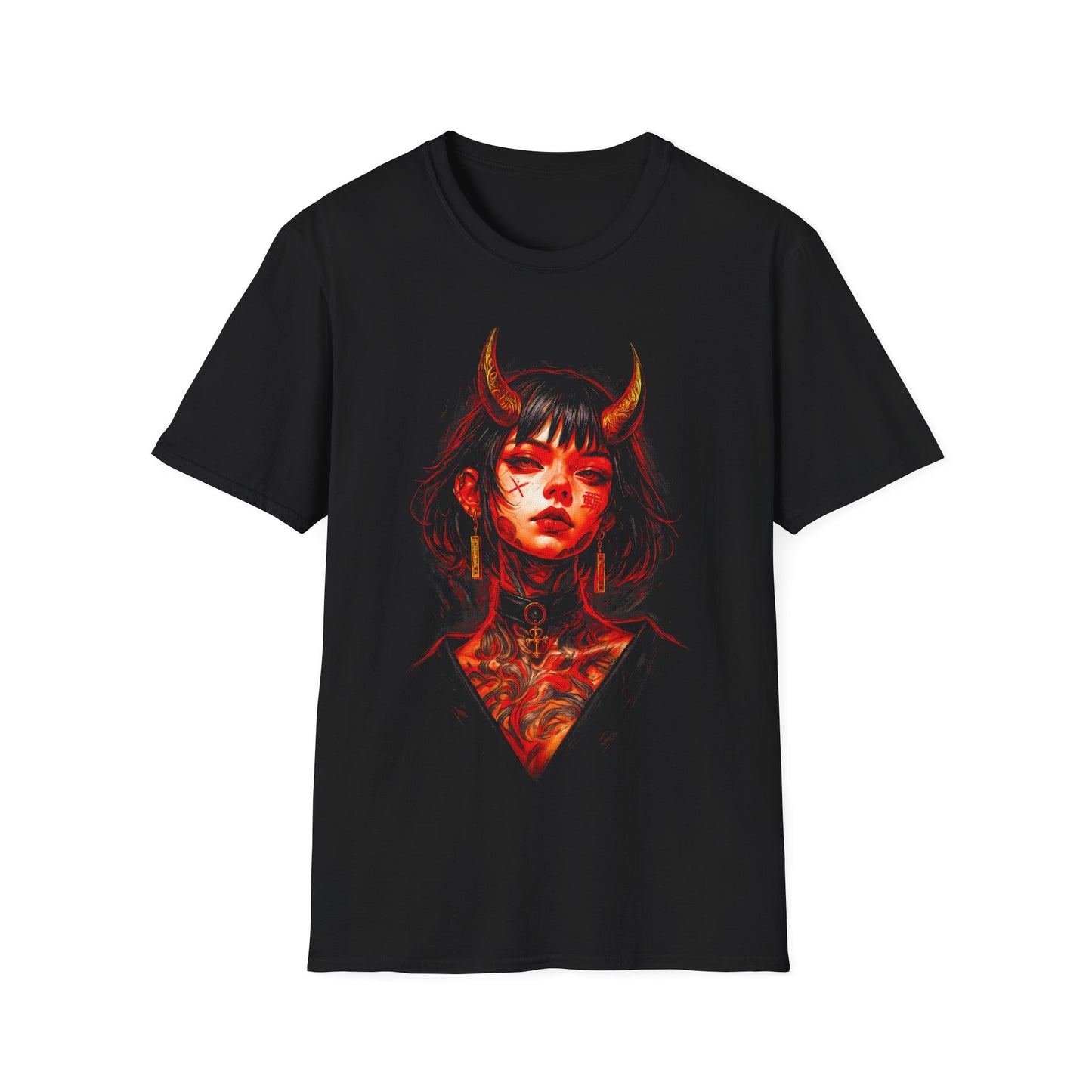 Demonic Girl Portrait T-Shirt — Gothic Horned Woman Art Tee