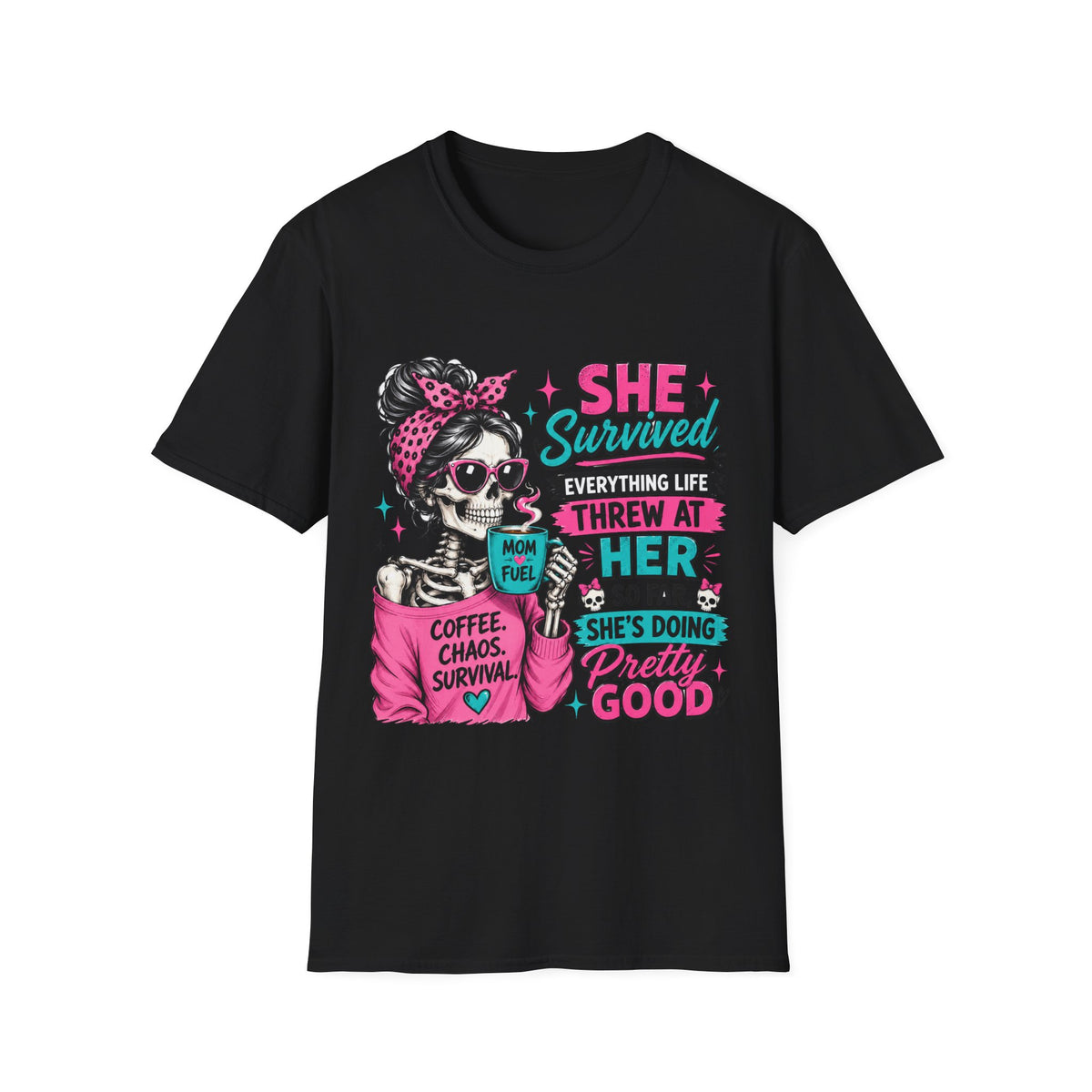 T-Shirt — "She Survived" Skull Graphic Tee — Funny Resilience Shirt for Women, Coffee Chaos Survivor