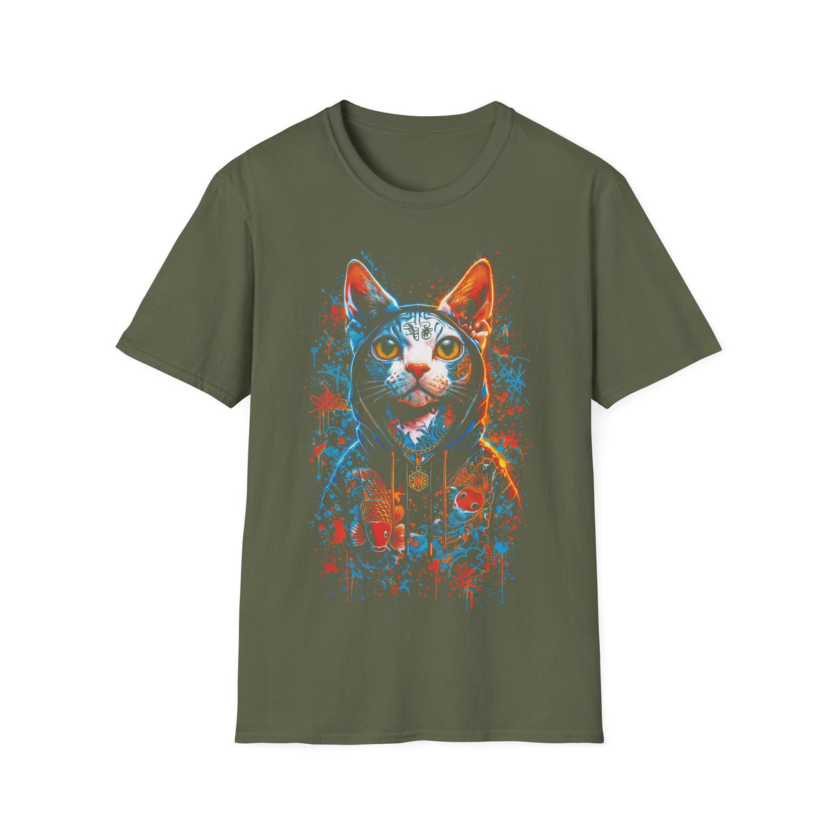 Neon Hoodie Cat T-Shirt – Vibrant Cyberpunk Cat Graphic Tee