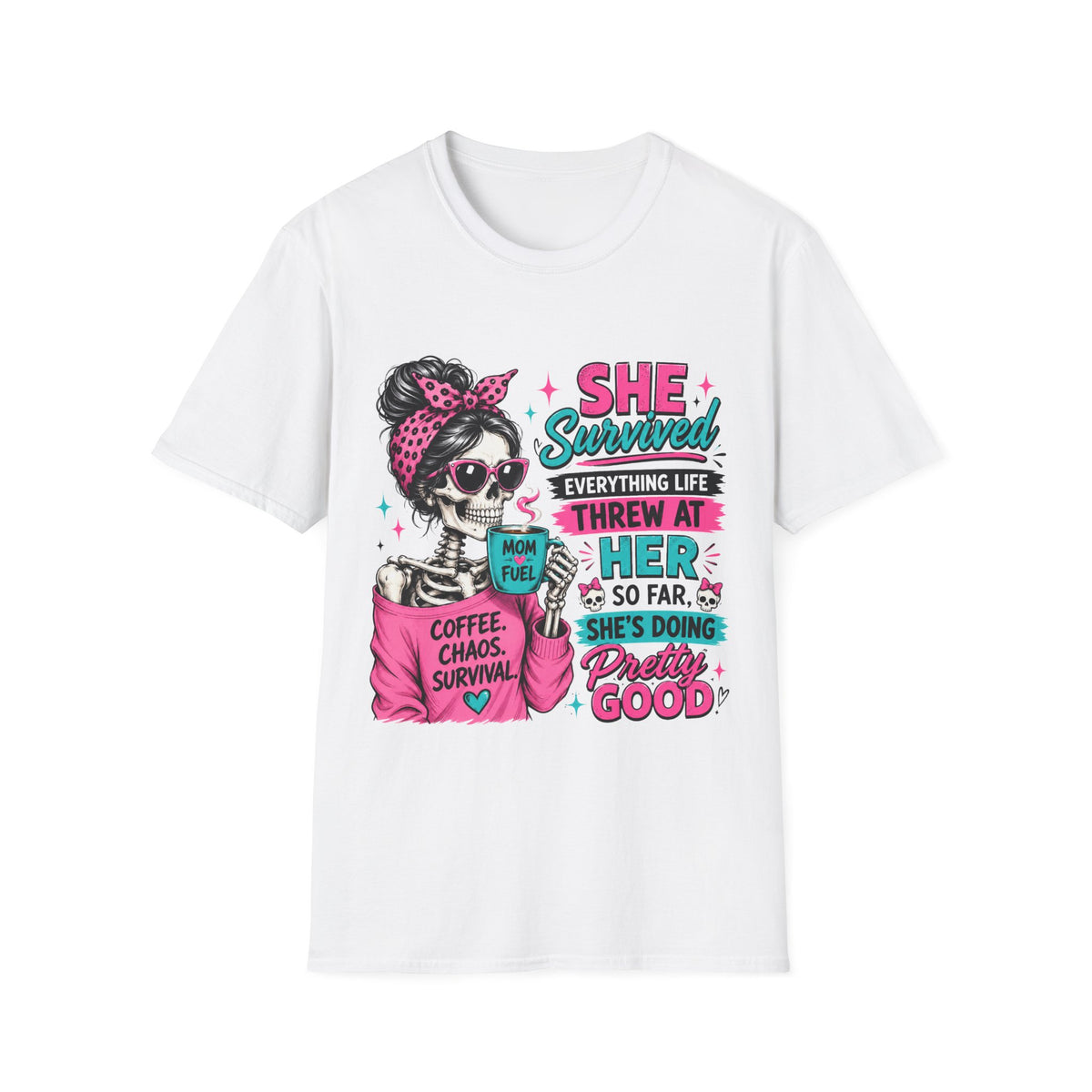 T-Shirt — "She Survived" Skull Graphic Tee — Funny Resilience Shirt for Women, Coffee Chaos Survivor