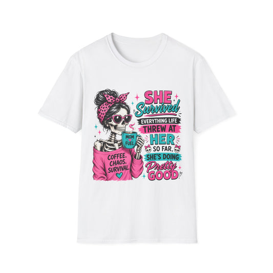 T-Shirt — "She Survived" Skull Graphic Tee — Funny Resilience Shirt for Women, Coffee Chaos Survivor