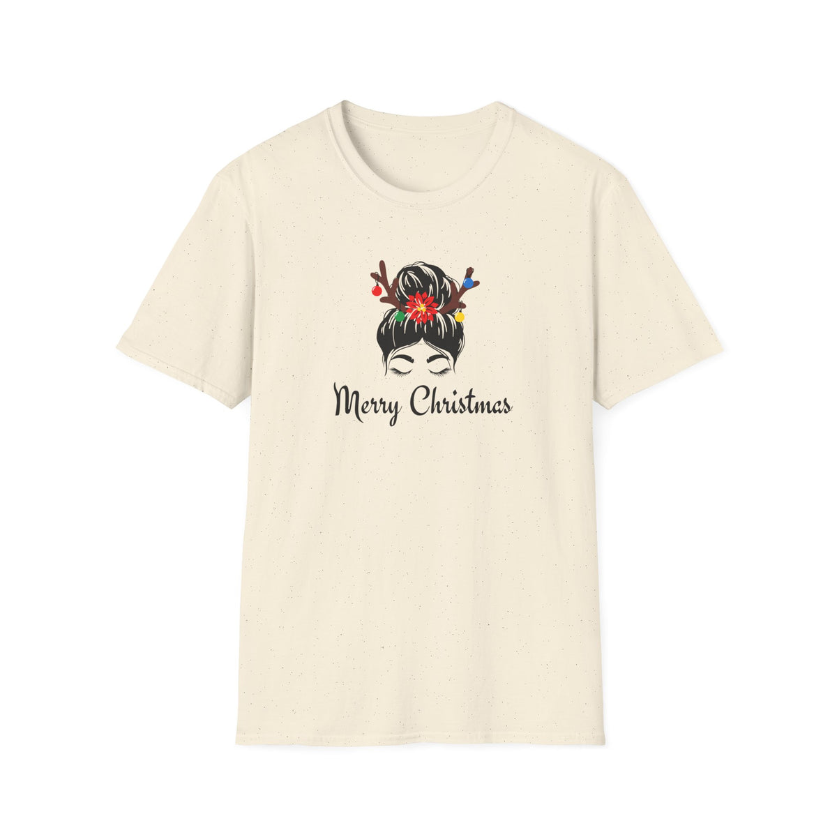 Merry Christmas Messy Bun T-Shirt — Holiday Reindeer Antler Hair Tees