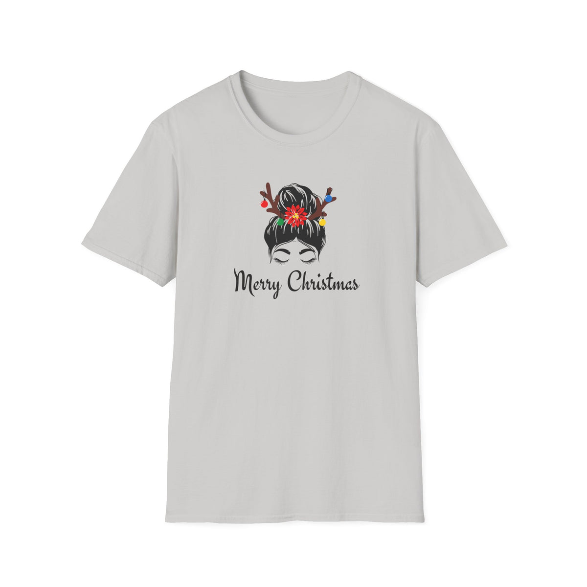 Merry Christmas Messy Bun T-Shirt — Holiday Reindeer Antler Hair Tees