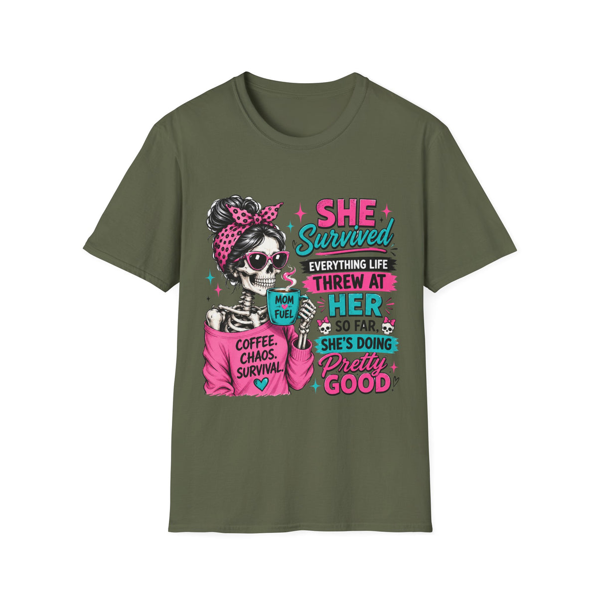 T-Shirt — "She Survived" Skull Graphic Tee — Funny Resilience Shirt for Women, Coffee Chaos Survivor