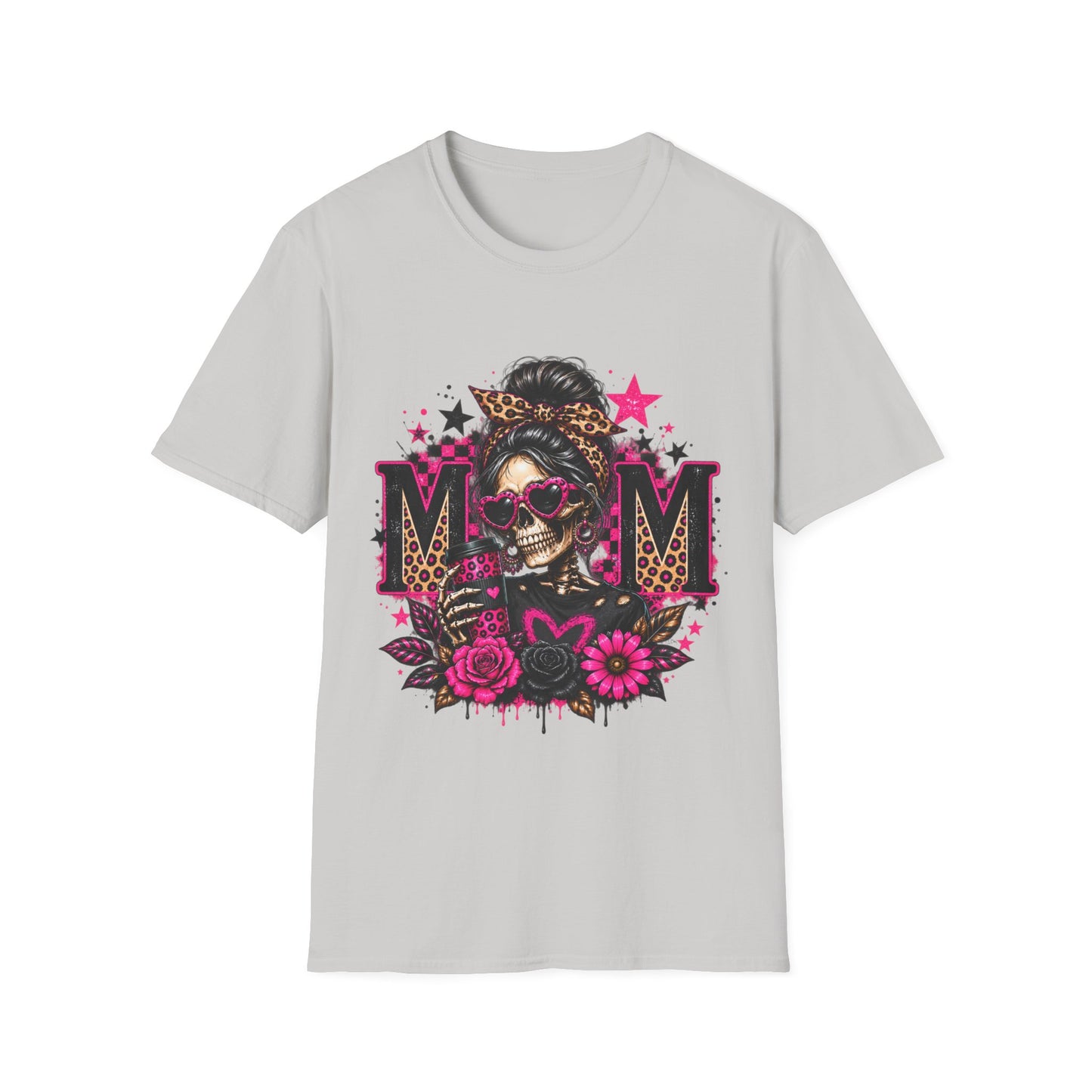 Mom Skull Graphic T-Shirt — Rockabilly Leopard Headband & Pink Floral Design