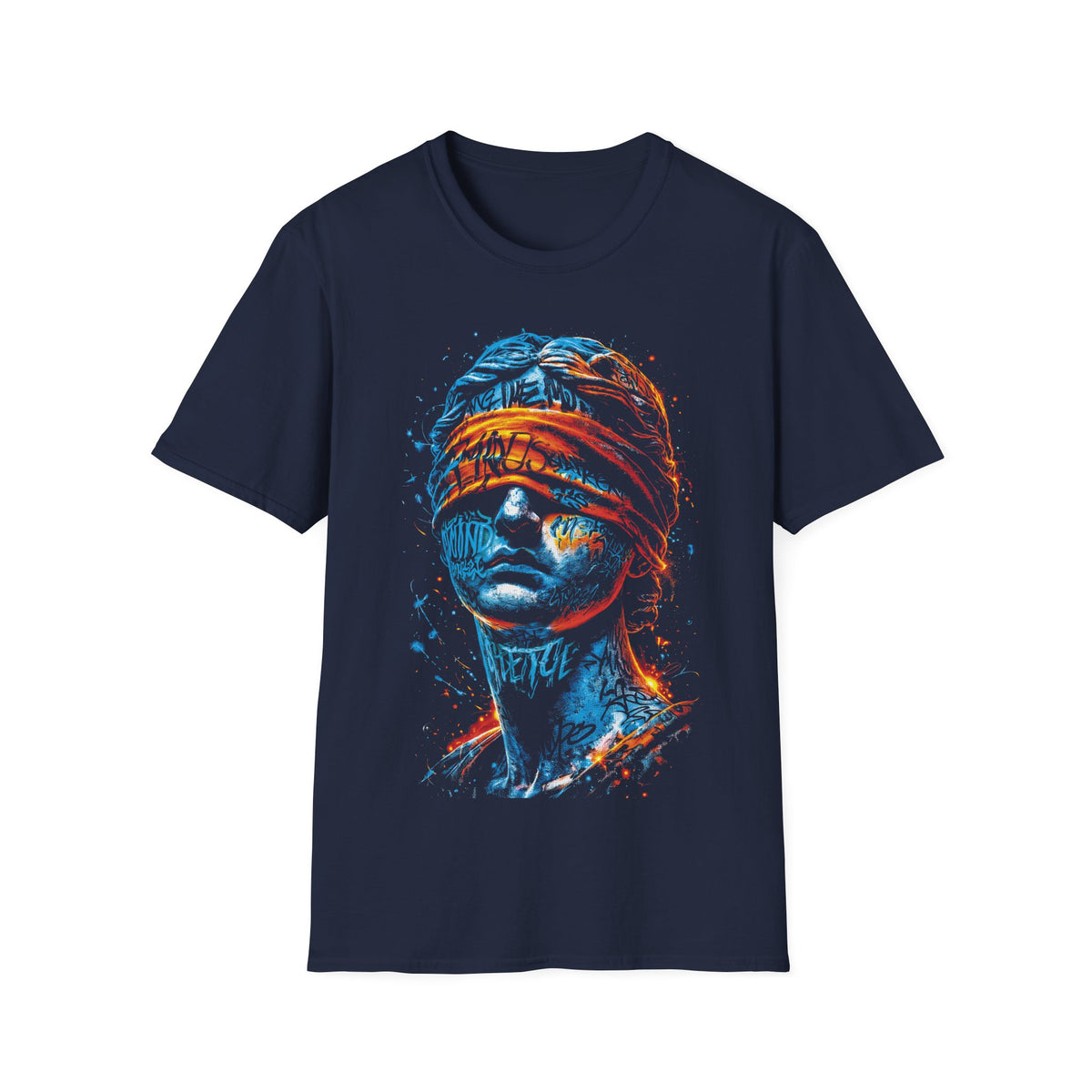 Blind Justice Statue T-Shirt — Neon Graffiti Law Advocate Tee