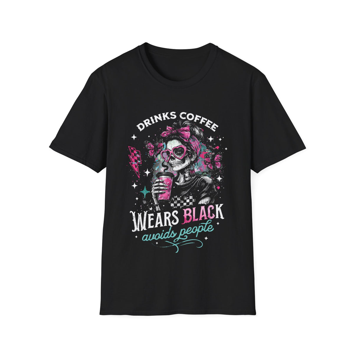 Drinks Coffee, Wears Black Tee — Gothic Skull Coffee Lover T-Shirt