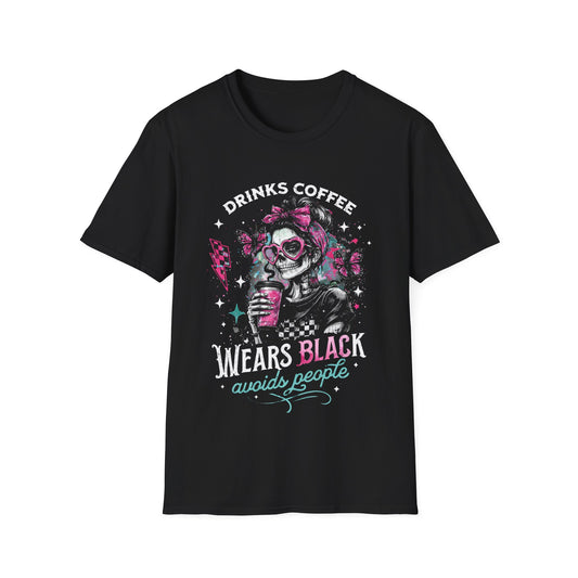 Drinks Coffee, Wears Black Tee — Gothic Skull Coffee Lover T-Shirt