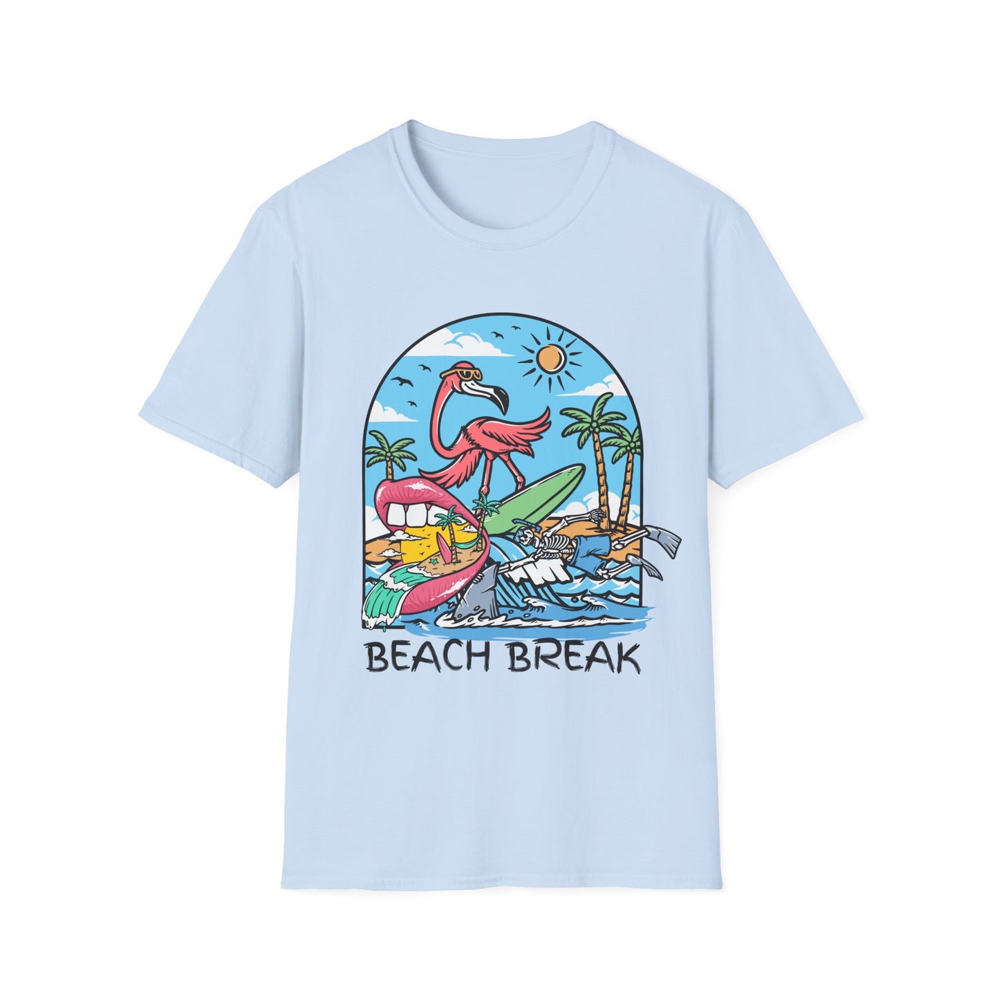 Beach Break T-Shirt — Retro Flamingo Surf Graphic Tee