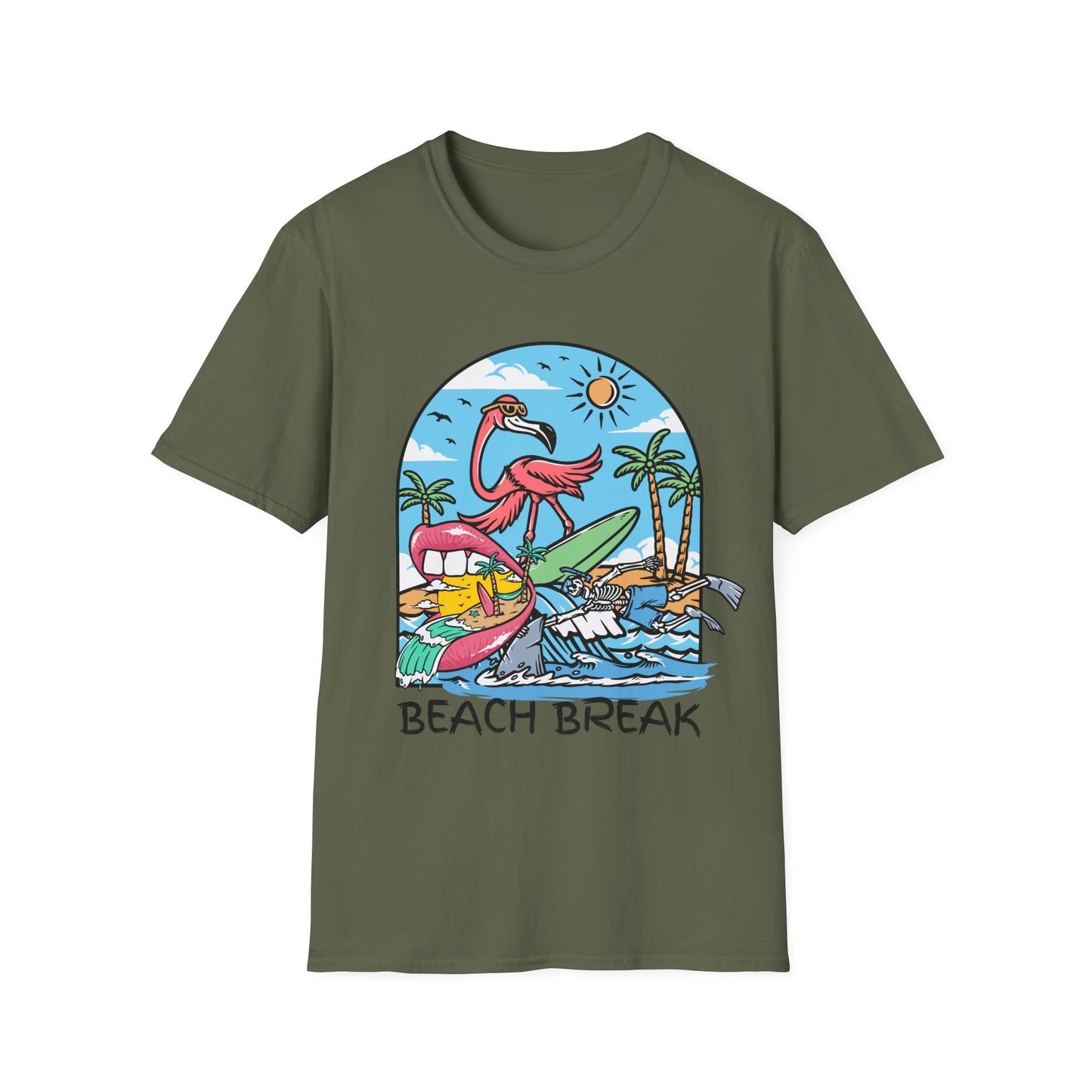 Beach Break T-Shirt — Retro Flamingo Surf Graphic Tee