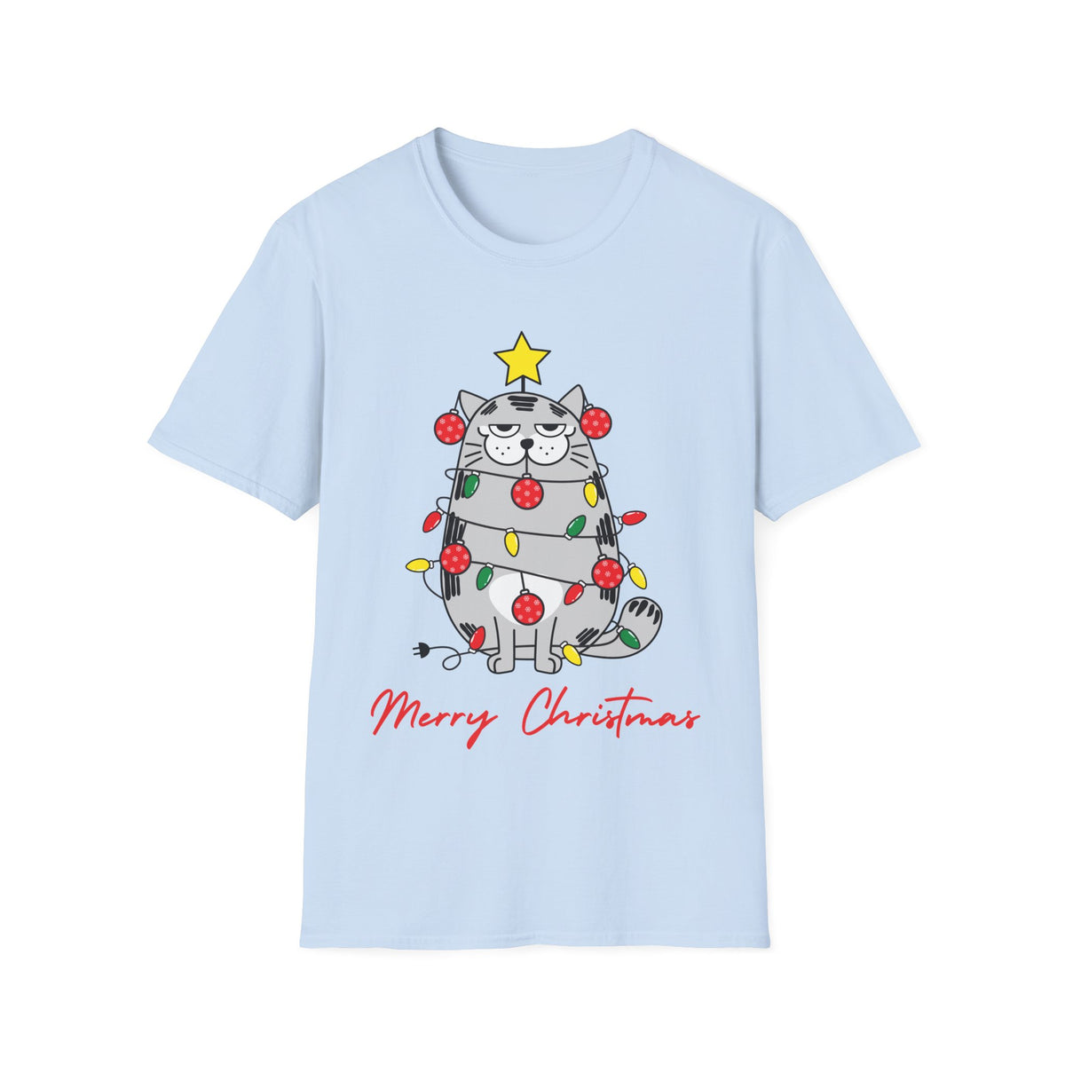 Christmas Cat T-Shirt — "Merry Christmas" Cute Holiday Cat with Lights