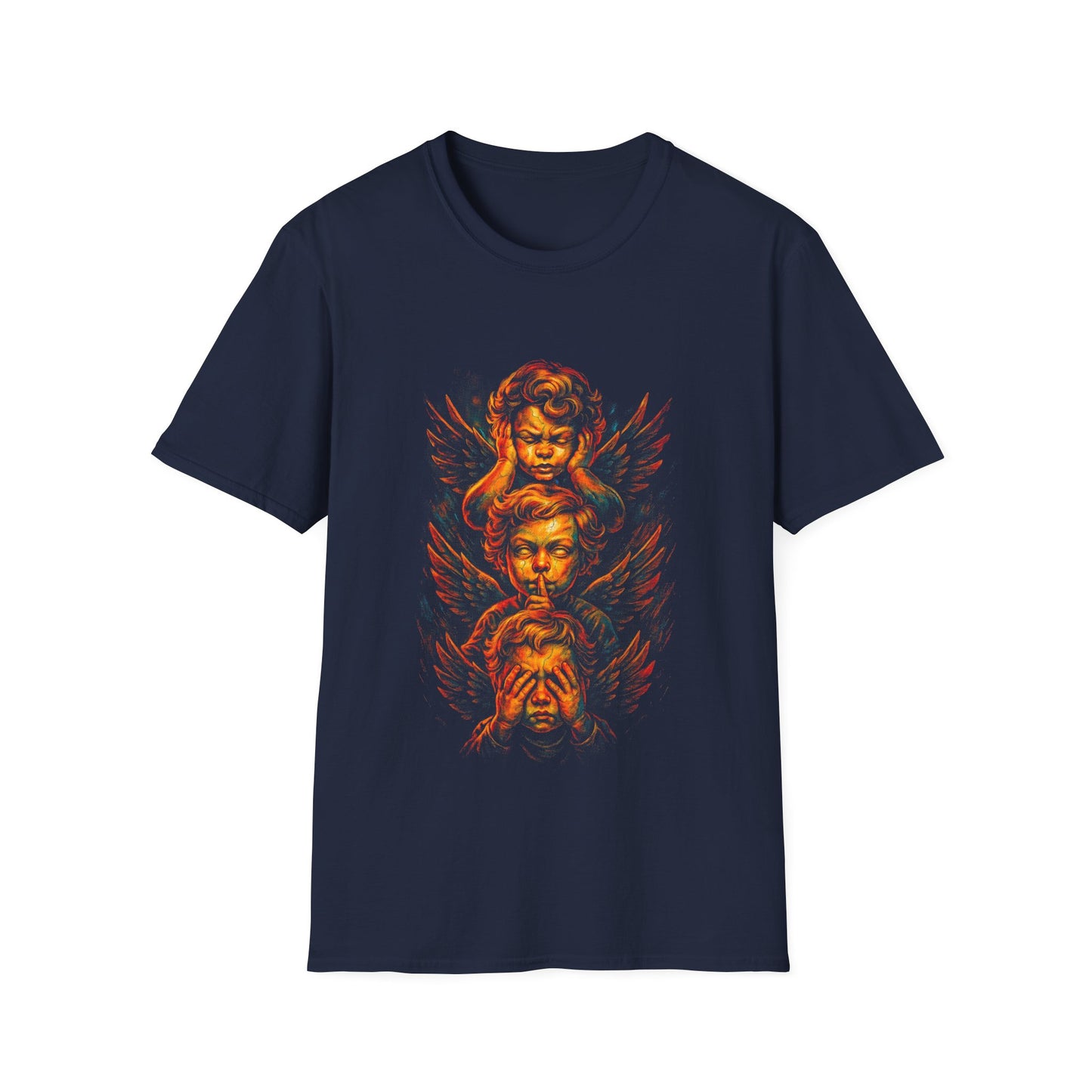 Cherubic Skull Trio T-Shirt — Gothic Angel Wings Vintage-Style Tee