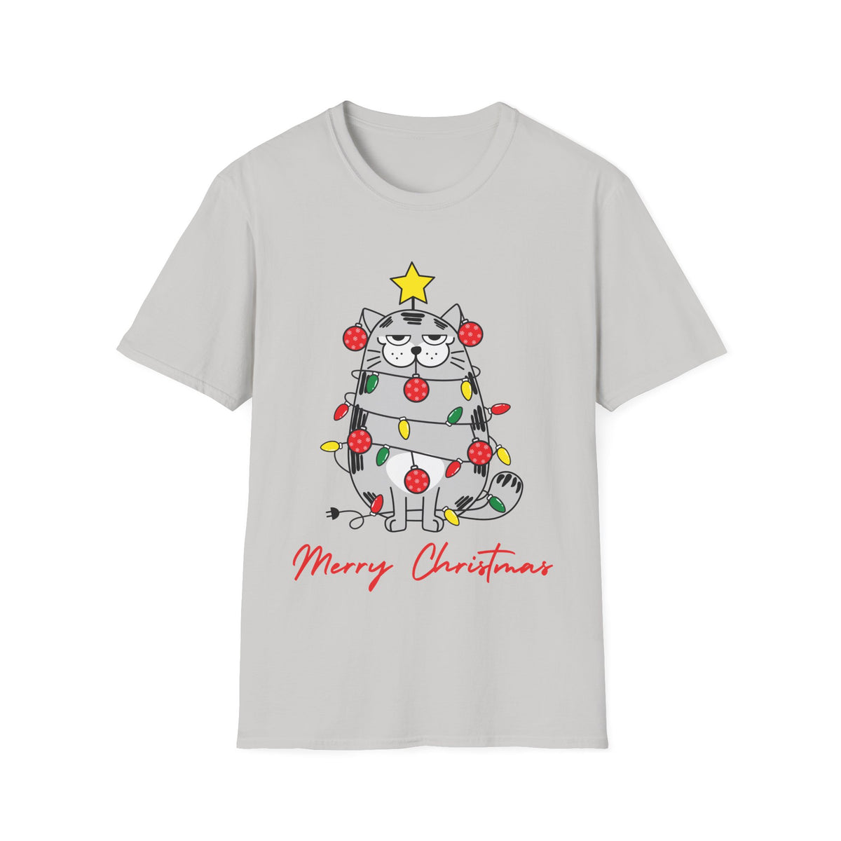 Christmas Cat T-Shirt — "Merry Christmas" Cute Holiday Cat with Lights