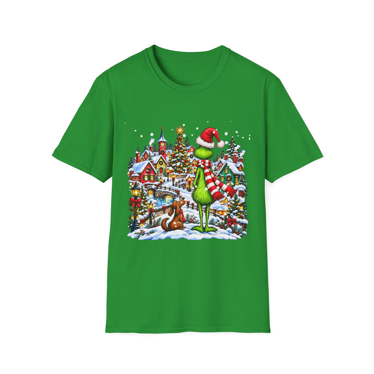 Grinch Christmas Village T‑Shirt – Funny Holiday Holiday Tee with Santa Hat Grinch and Dog