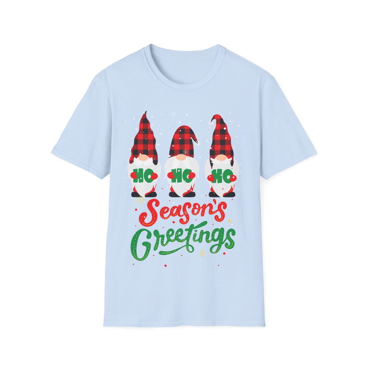 Christmas Gnome T-Shirt — Plaid ‘Ho Ho Ho’ Seasons Greetings Holiday Tee