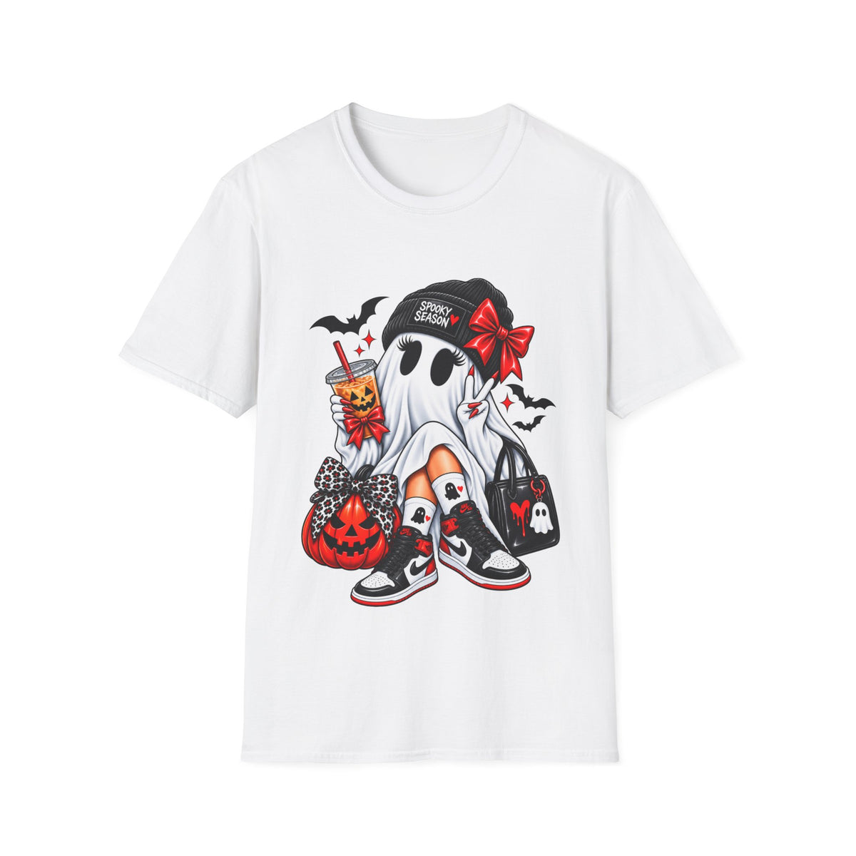 Gothic Ghost Halloween T-Shirt with Bats, Bows and Sneakers