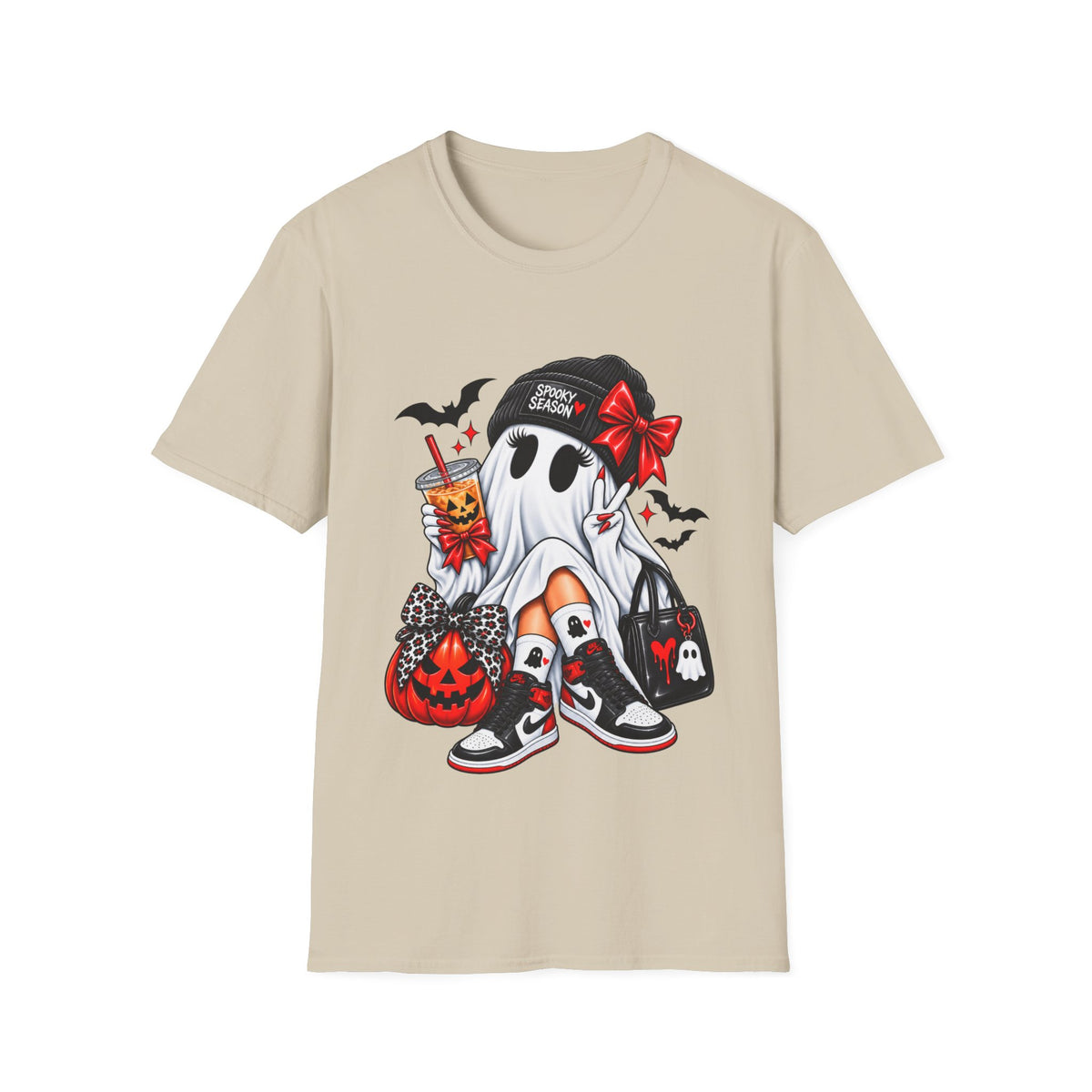 Gothic Ghost Halloween T-Shirt with Bats, Bows and Sneakers