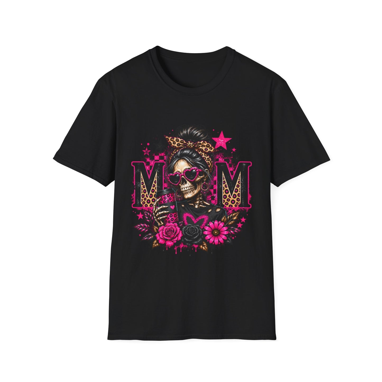 Mom Skull Graphic T-Shirt — Rockabilly Leopard Headband & Pink Floral Design
