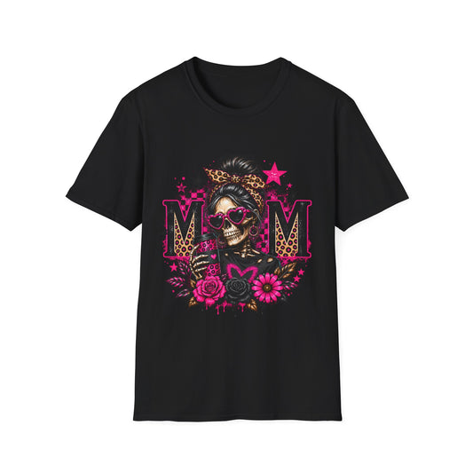 Mom Skull Graphic T-Shirt — Rockabilly Leopard Headband & Pink Floral Design