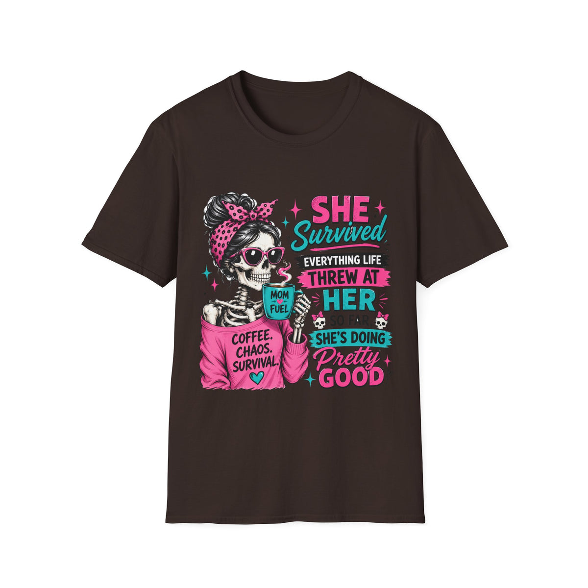 T-Shirt — "She Survived" Skull Graphic Tee — Funny Resilience Shirt for Women, Coffee Chaos Survivor