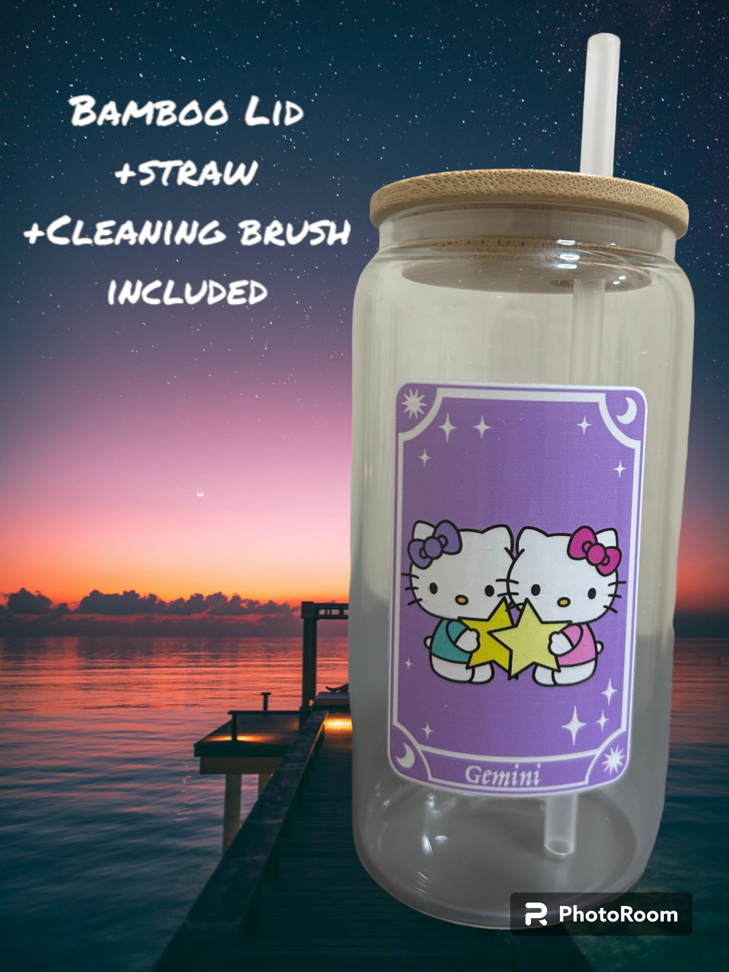 Gemini Zodiac Kitty Iced Coffee Cup 16oz Libbey Glass Can