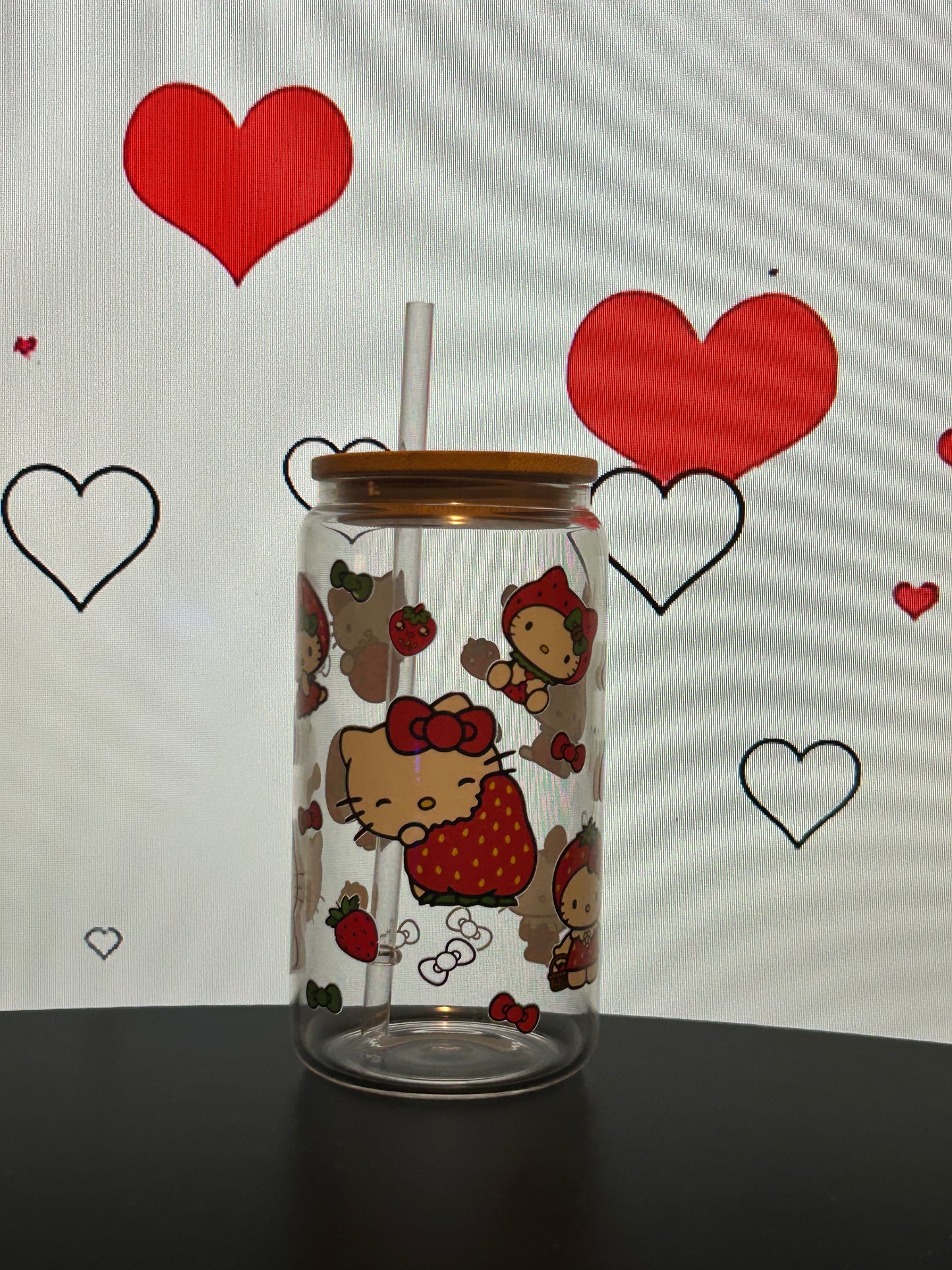 Adorable Kitty Strawberry Iced Coffee Cup, 16oz Libbey Glass Cup