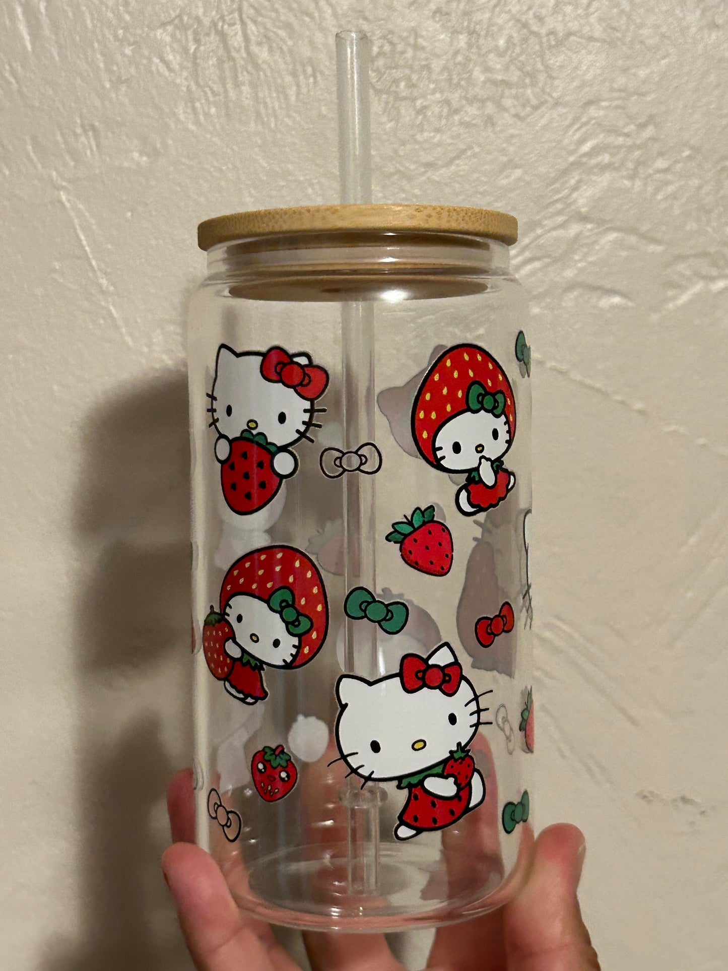 Adorable Kitty Strawberry Iced Coffee Cup, 16oz Libbey Glass Cup