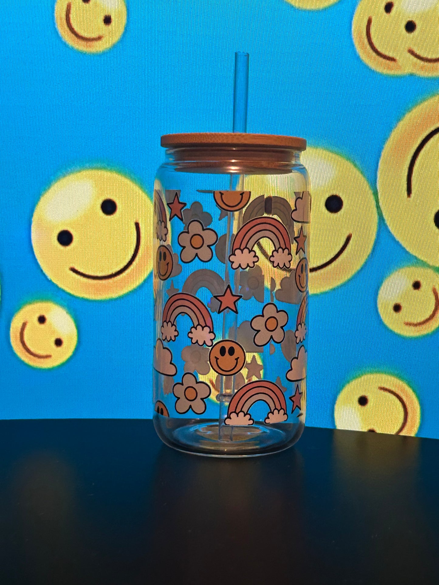 Happy Faces Rainbows Iced Coffee Cup, 16oz Libbey Glass Cup