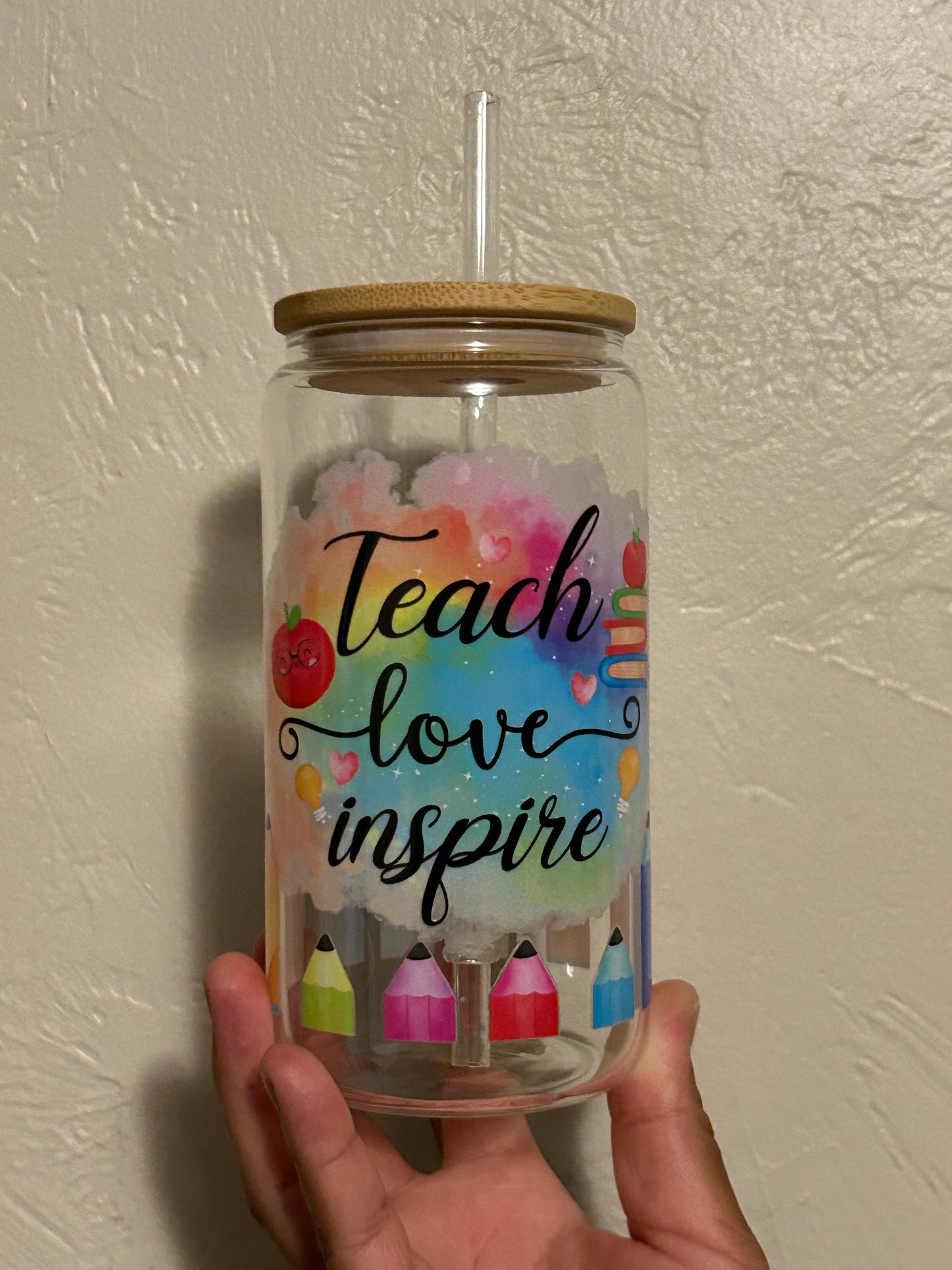 Teach,Love,Inspire Iced Coffee Cup, 16oz Libbey Glass Can