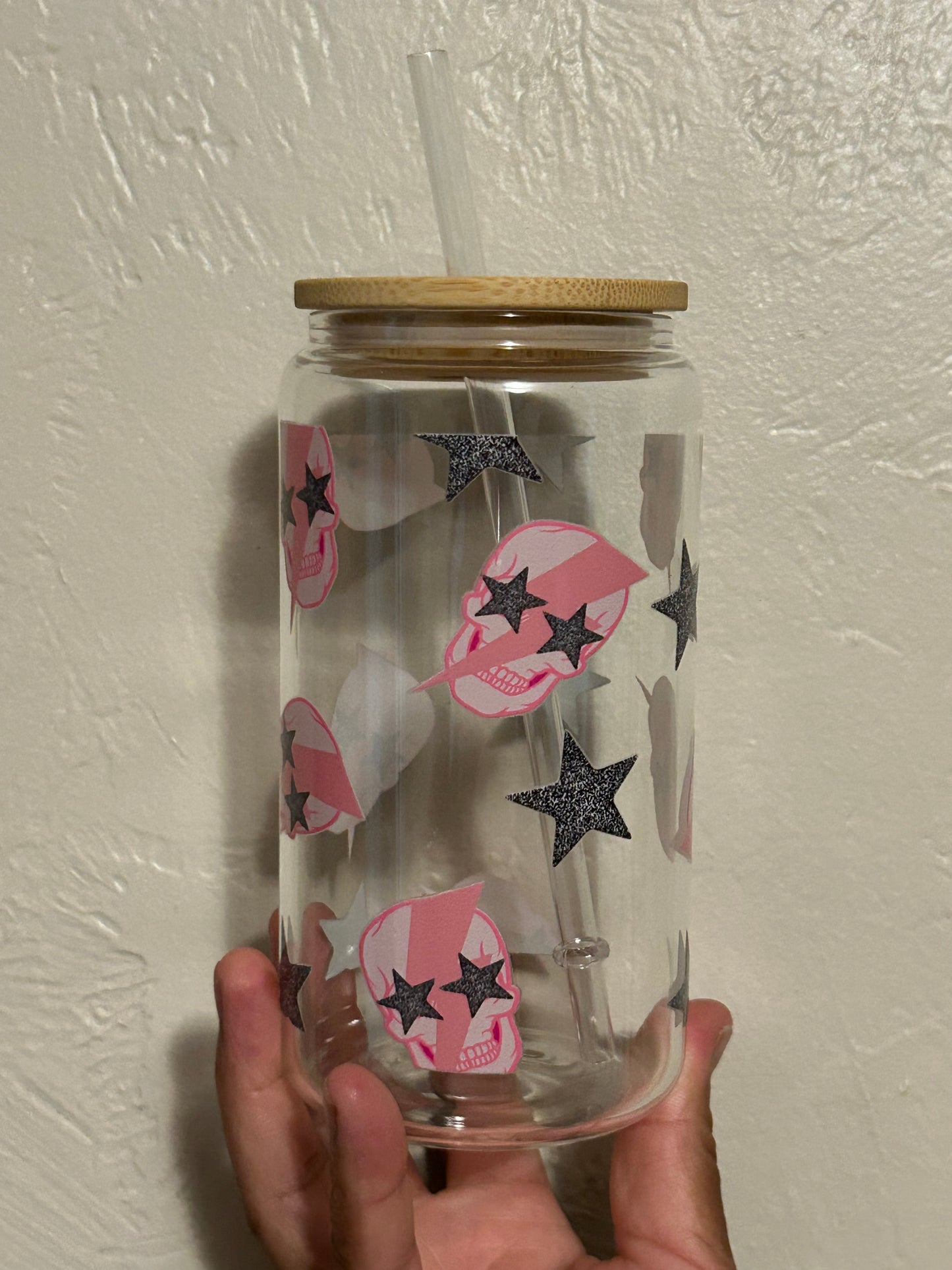 Pink Skulls and Stars Iced Coffee Cup, 16oz Libbey Glass Can