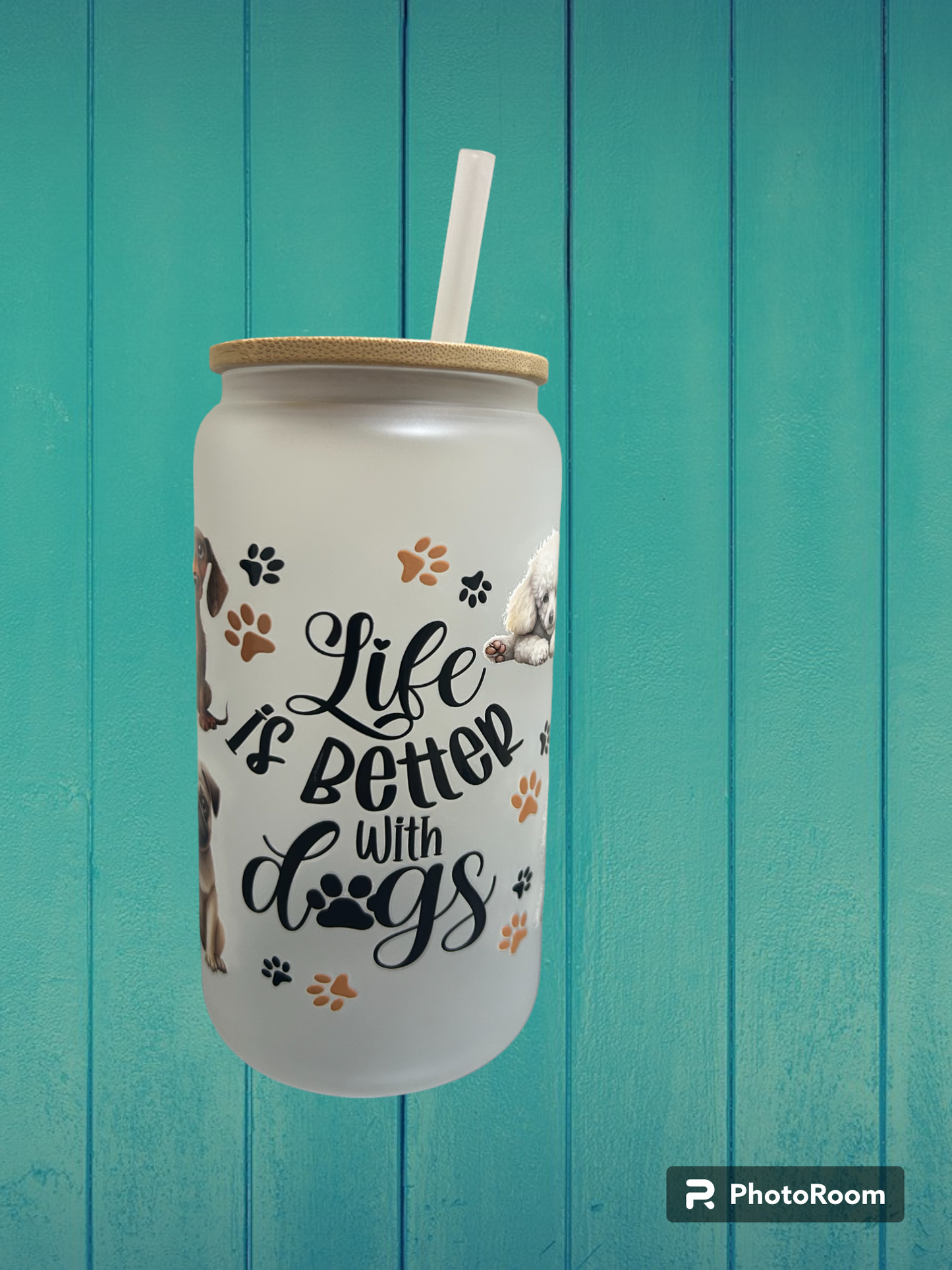 Life is Better with Dogs Iced Coffee cup, 16oz Libbey Glass Can