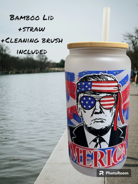 Trump 'Merica 2024 Iced Coffee Cup, 16oz Frosted Glass Can