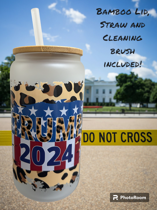 Trump Leopard Flag 2024 Iced Coffee Cup, 16oz Frosted Glass Can