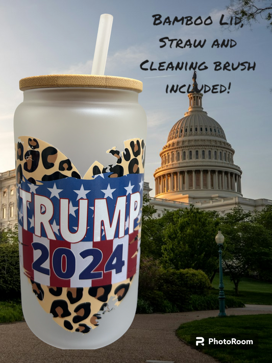 Trump Leopard Heart Flag 2024 Iced Coffee Cup, 16oz Frosted Glass Can