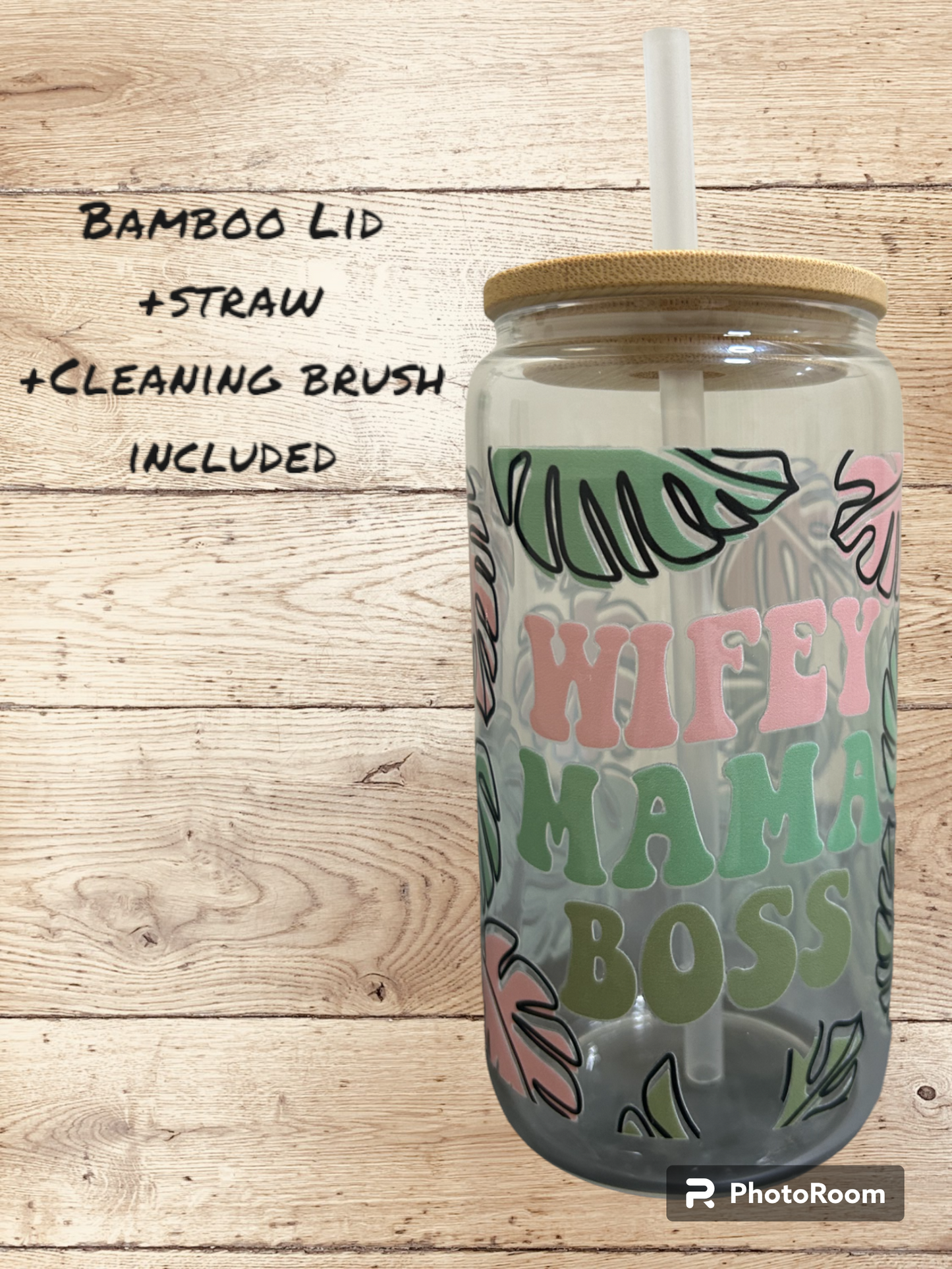 Wifey Mama Boss Palm Leaves Iced Coffee Cup, 16oz Libbey Glass Can