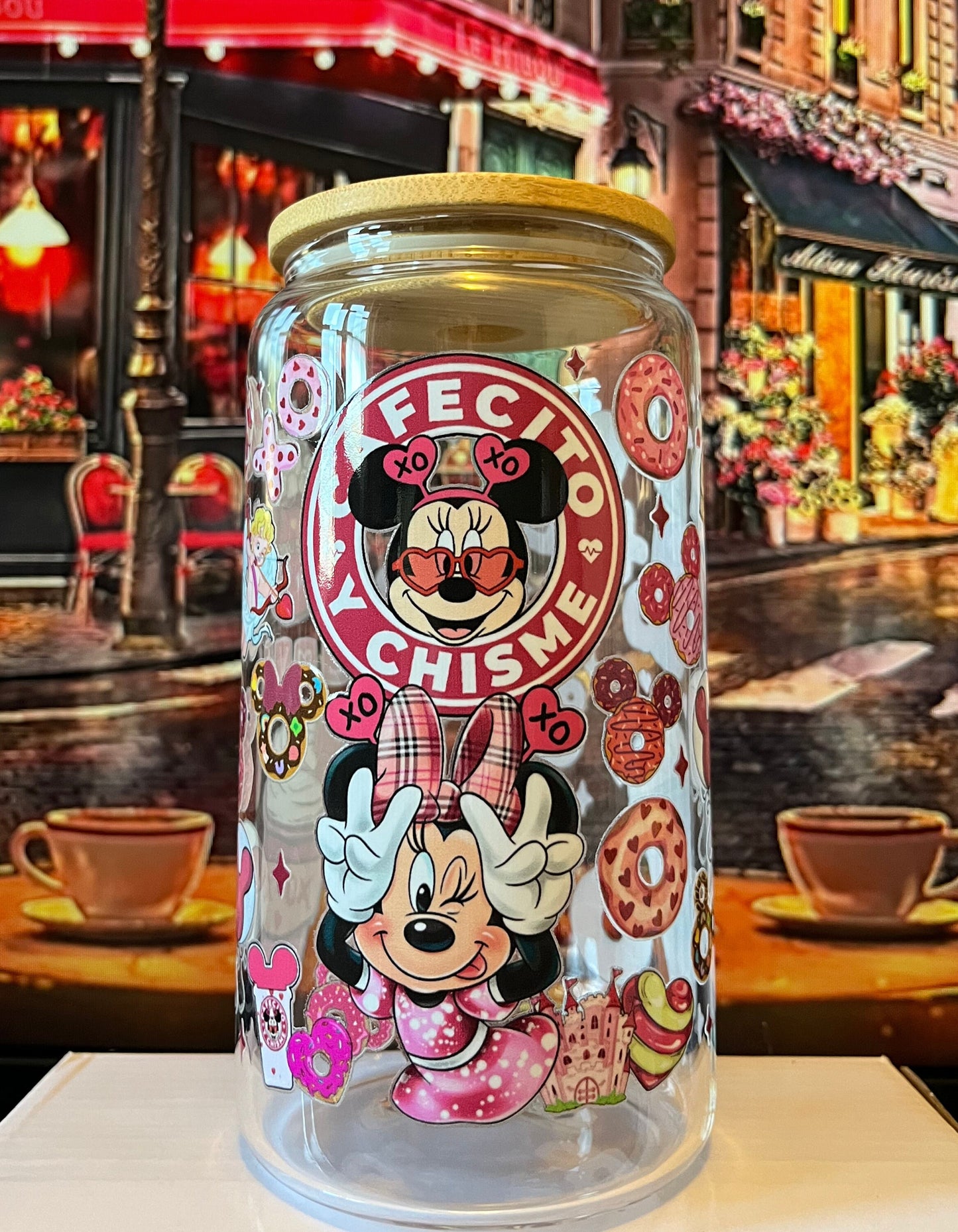 Cafecito y Chisme Minnie Iced Coffee Cup, 16oz Libbey Glass Can