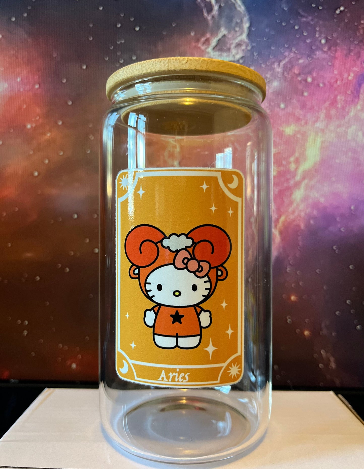 Aries Zodiac Kitty Iced Coffee Cup, 16oz Libbey Glass Can