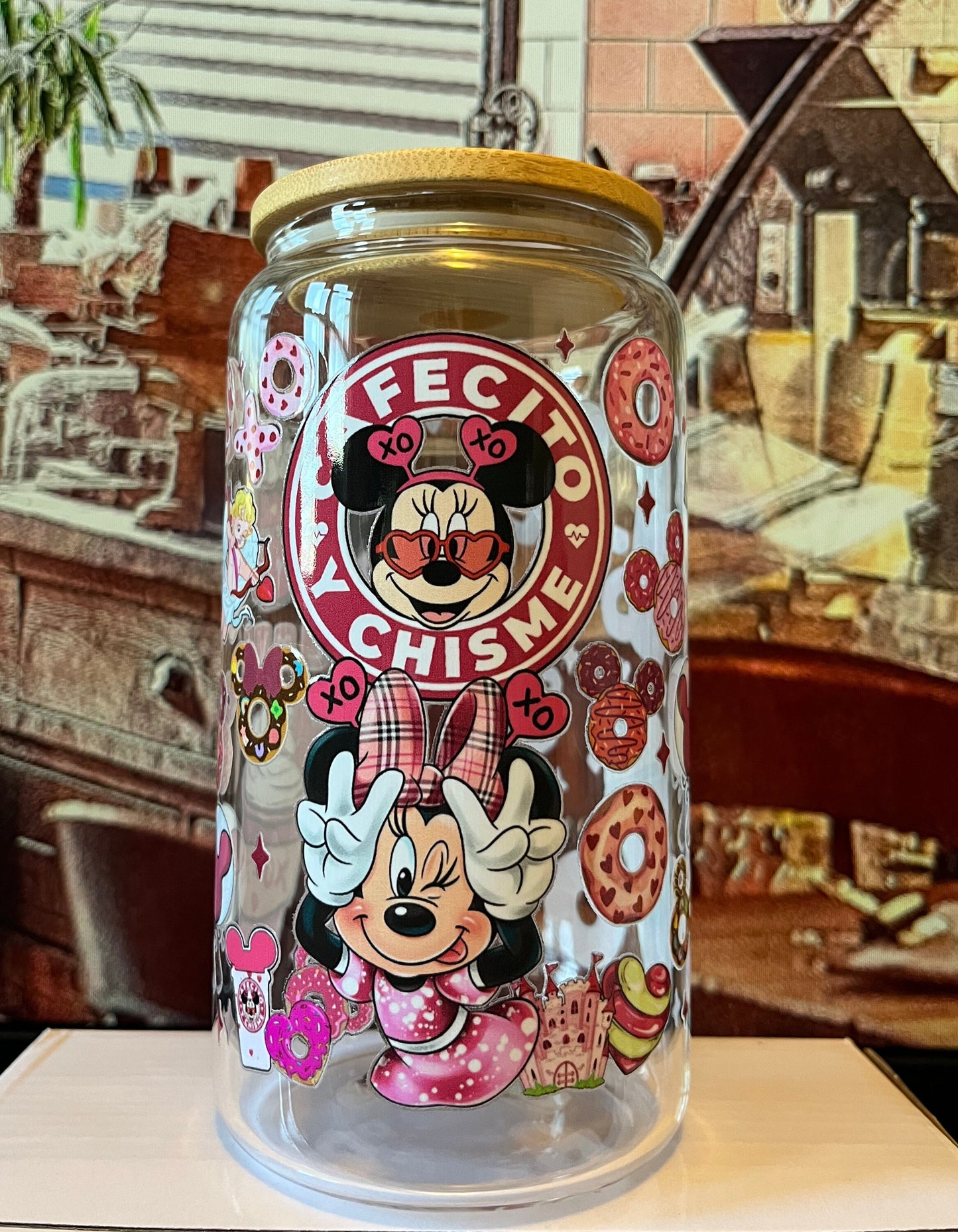 Cafecito y Chisme Minnie Iced Coffee Cup, 16oz Libbey Glass Can