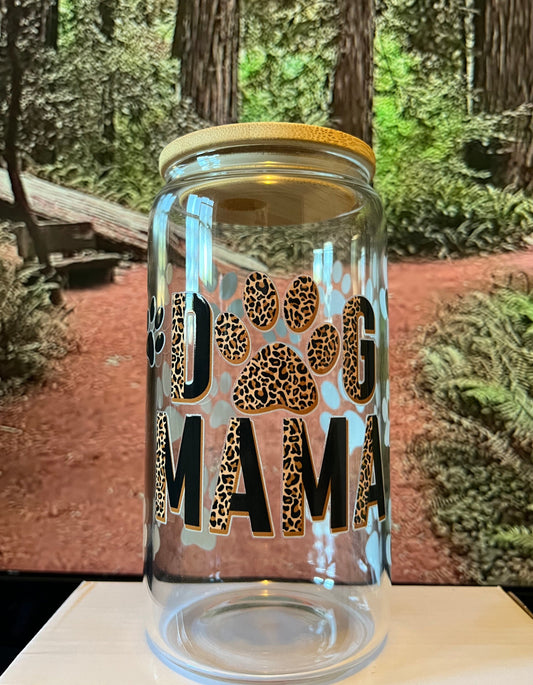 Dog MAMA Leopard Paw Print Iced Coffee cup, 16oz Libbey Glass Can