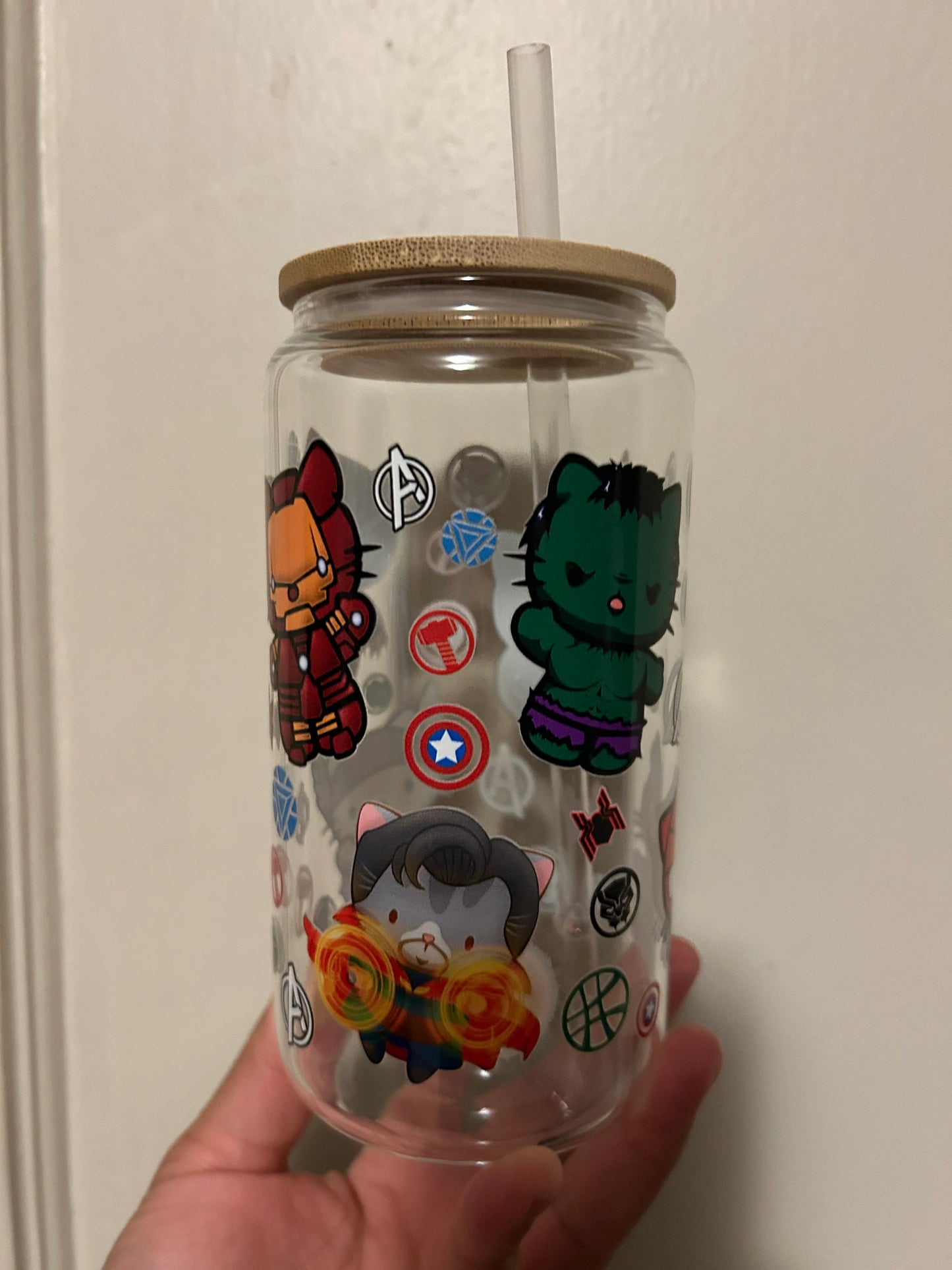 Hello Cat Avengers Iced Coffee Cup, 16oz Libbey Glass Can