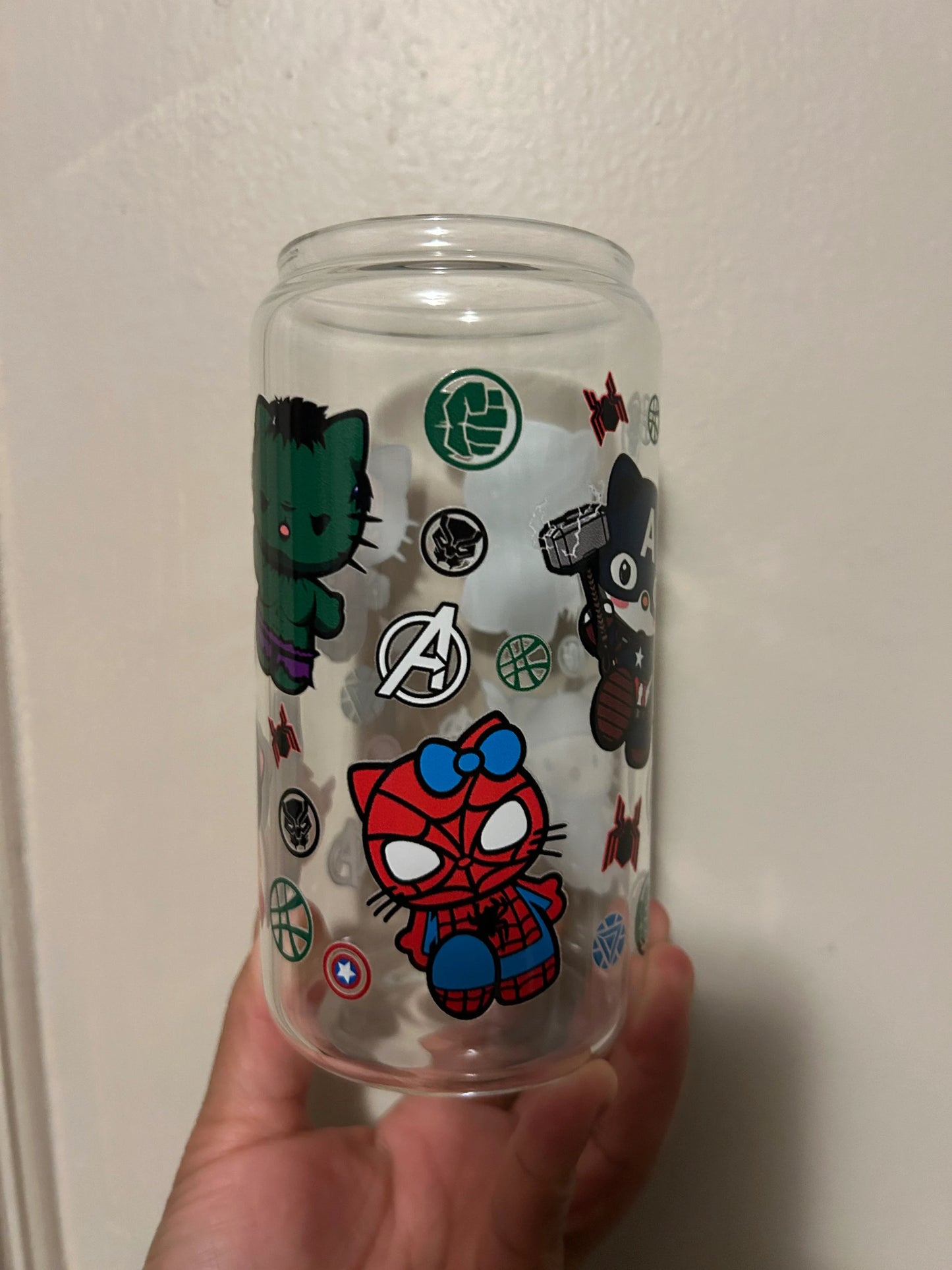 Hello Cat Avengers Iced Coffee Cup, 16oz Libbey Glass Can