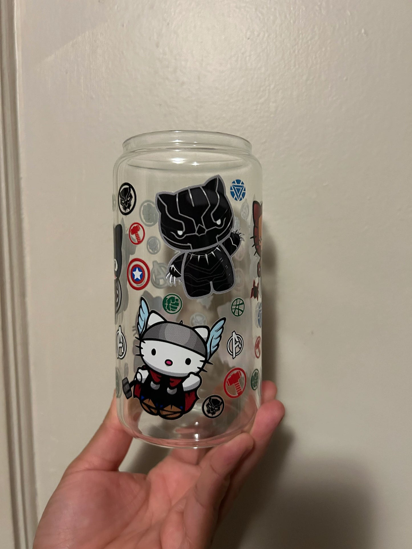 Hello Cat Avengers Iced Coffee Cup, 16oz Libbey Glass Can