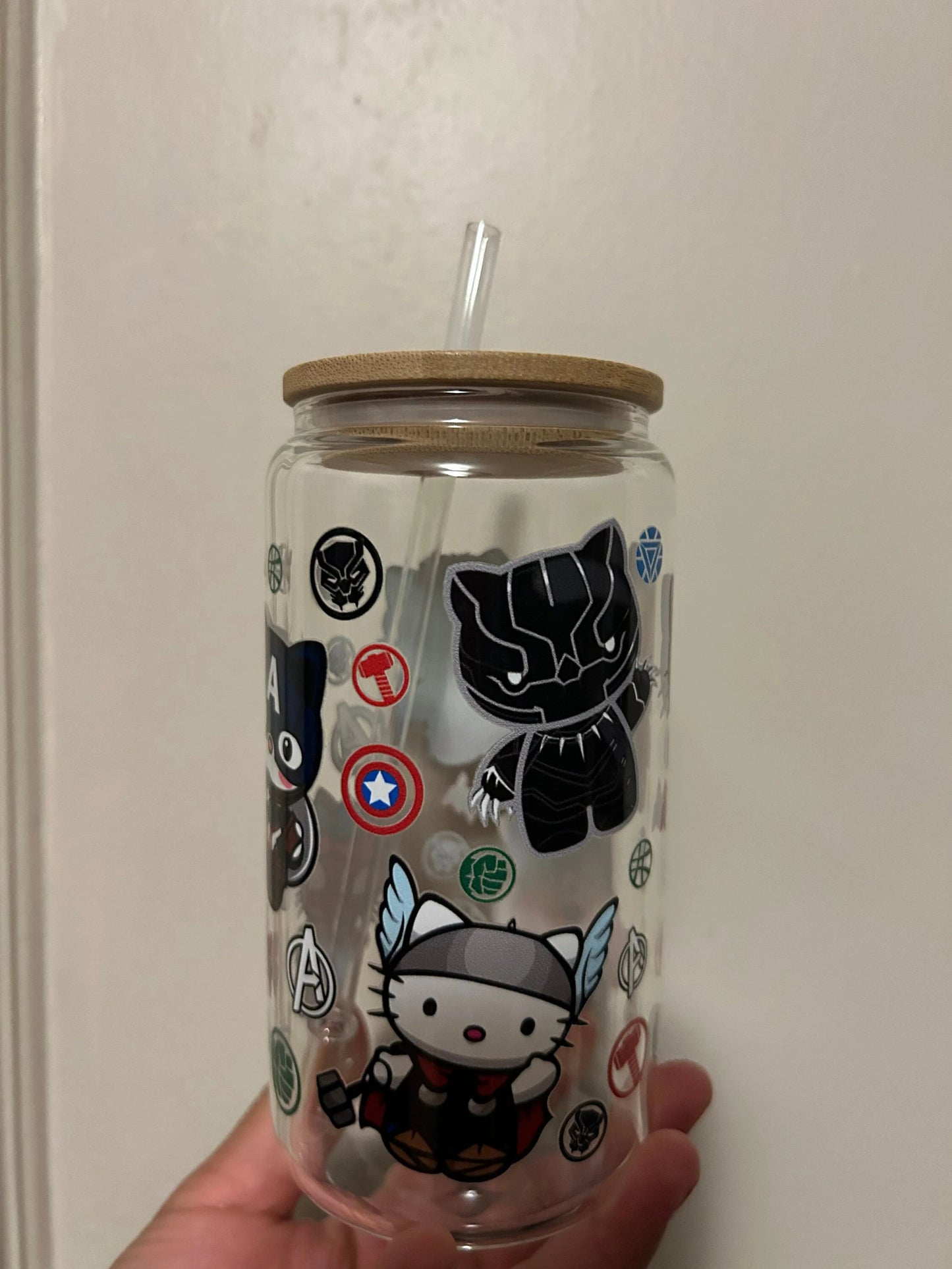 Hello Cat Avengers Iced Coffee Cup, 16oz Libbey Glass Can