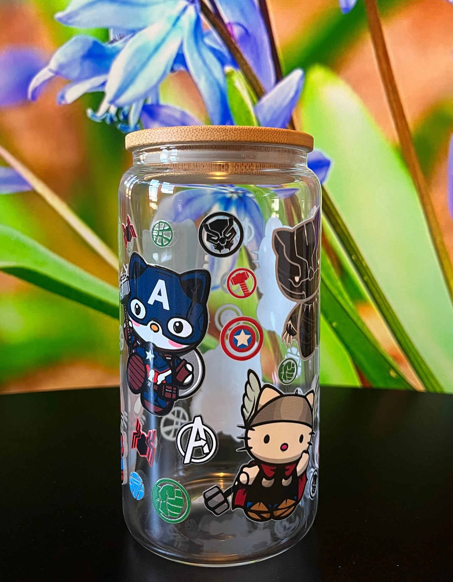 Hello Cat Avengers Iced Coffee Cup, 16oz Libbey Glass Can