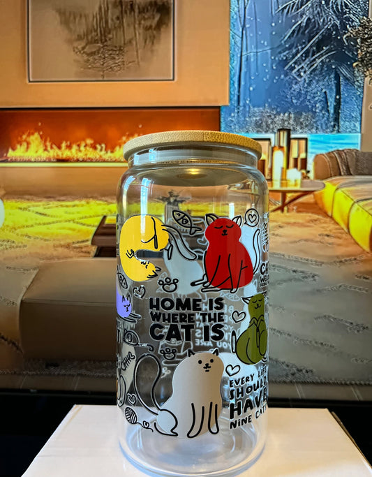 Cat is where Home is Iced Coffee Cup, 16oz Libbey Glass Can