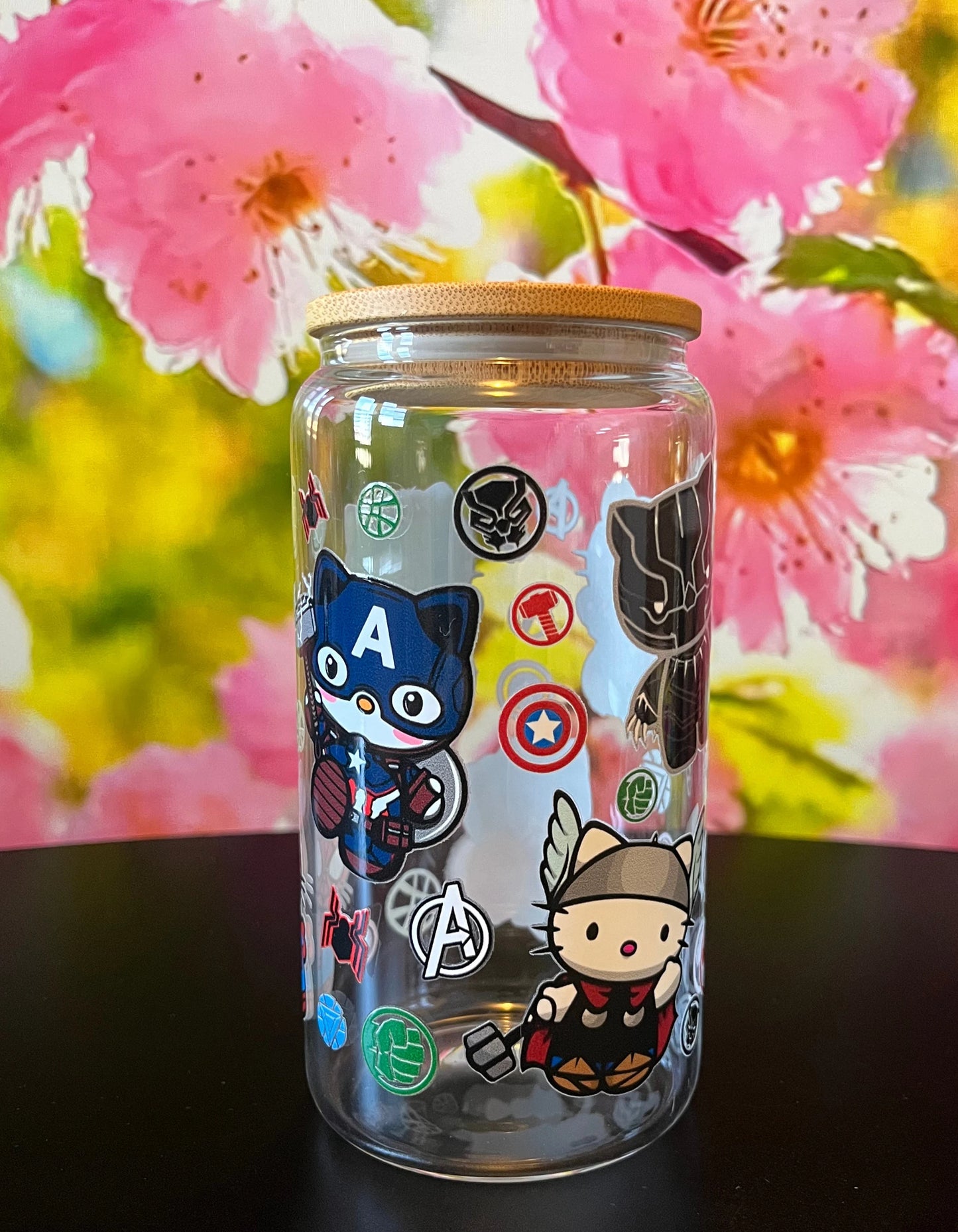 Hello Cat Avengers Iced Coffee Cup, 16oz Libbey Glass Can