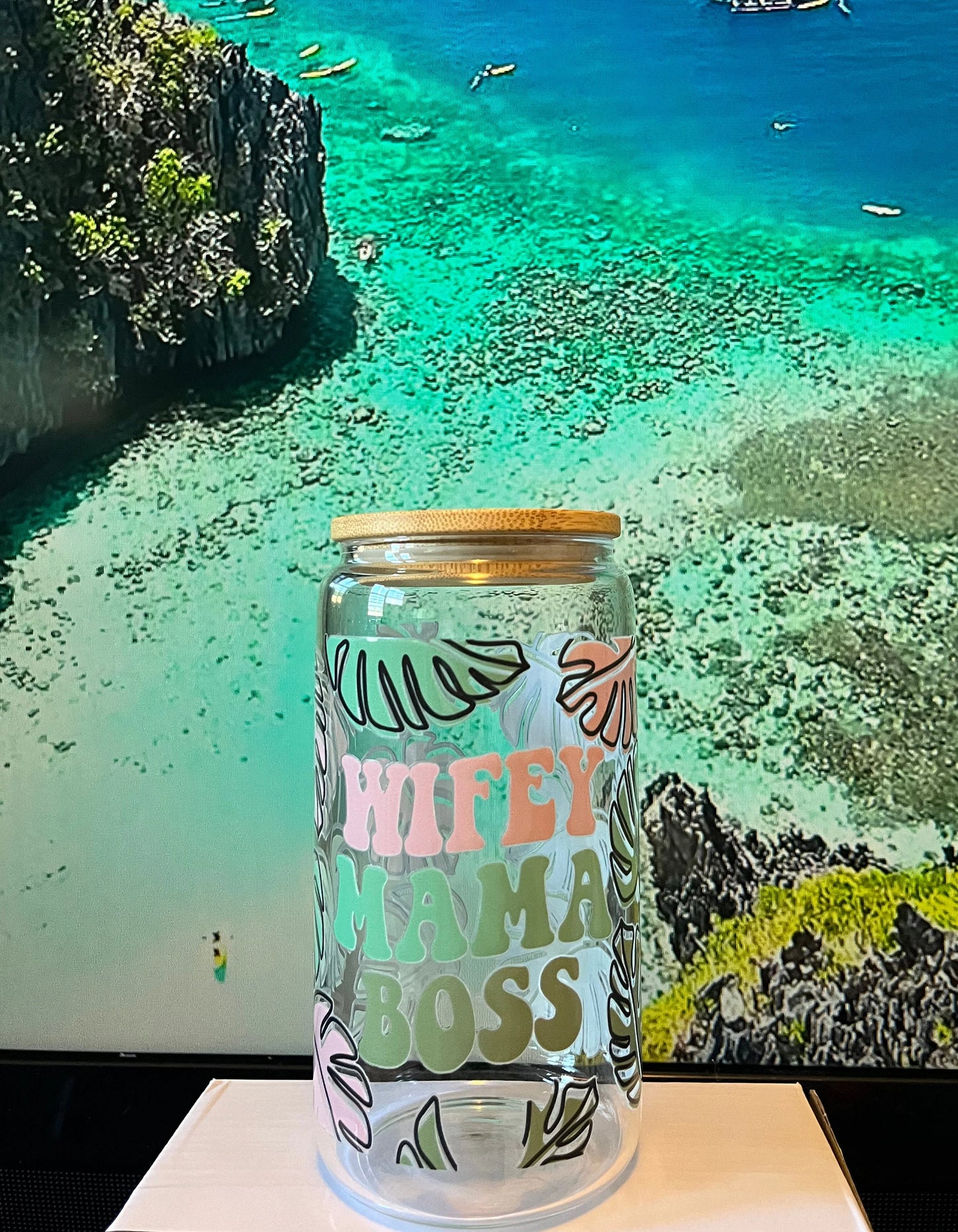 Wifey Mama Boss Palm Leaves Iced Coffee Cup, 16oz Libbey Glass Can